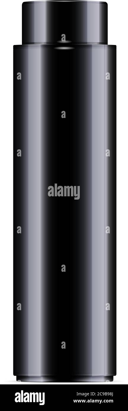 Bottiglia cosmetica nera per toner facciale, shampoo per capelli o gel doccia. Modello di disegno vettoriale. Confezione di cosmetici mockup. Illustrazione 3d realistica. Illustrazione Vettoriale