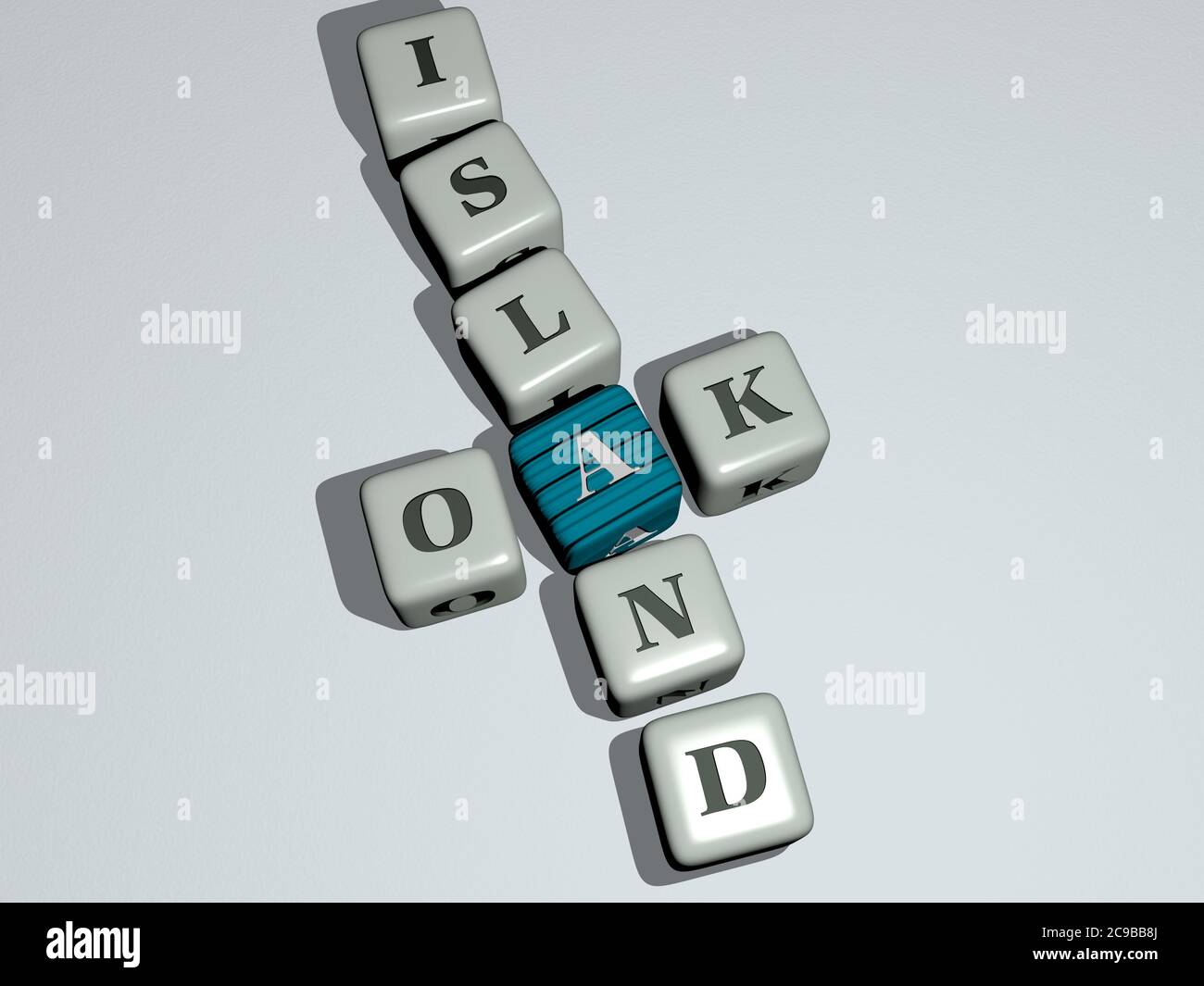 Crosswords of Oak Island arrangiato da lettere cubiche su un pavimento a specchio, concetto significato e presentazione. Sfondo e autunno. Illustrazione 3D Foto Stock