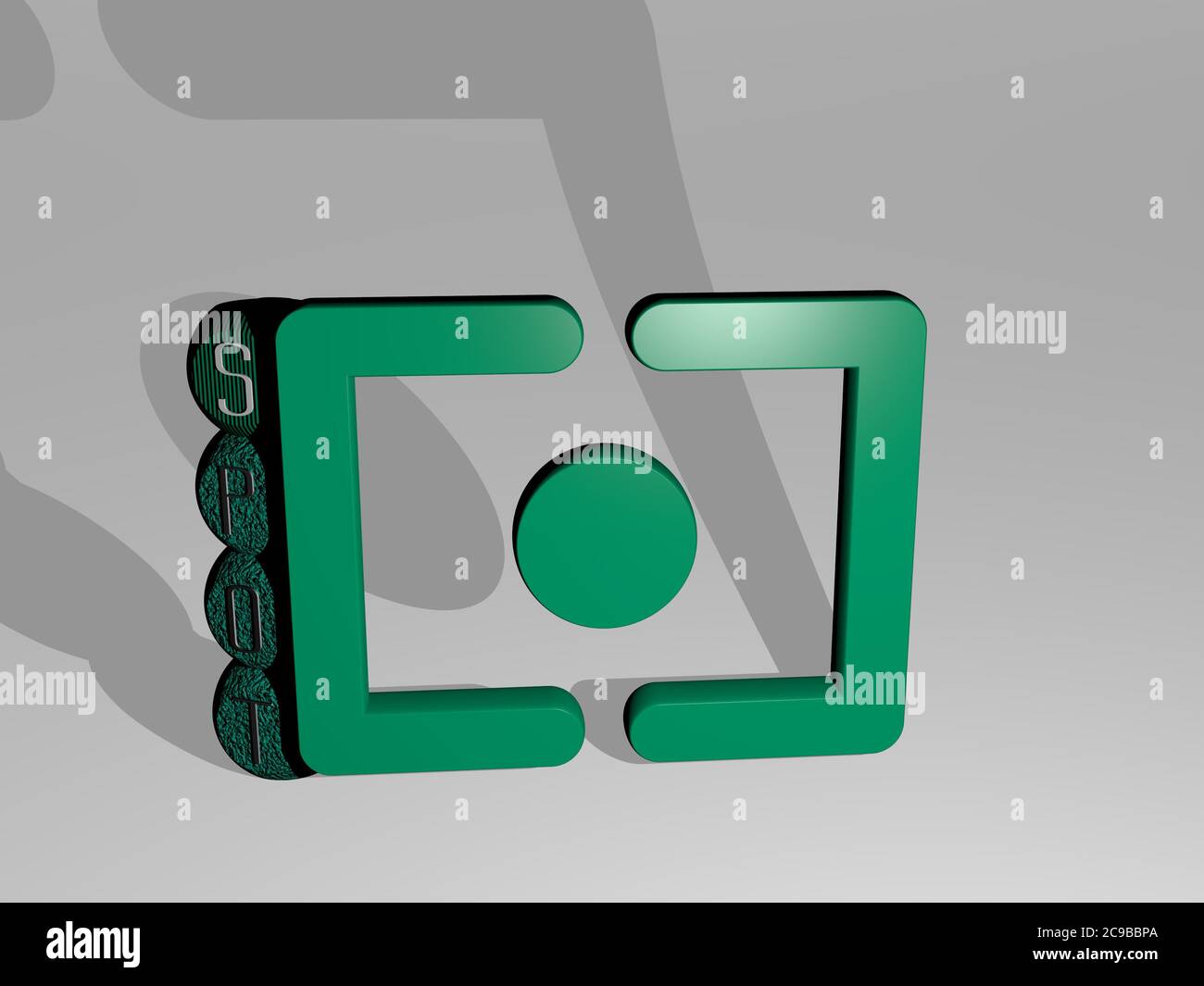 Illustrazione 3D di spot grafici e testo intorno all'icona fatta da lettere metalliche per i significati relativi del concetto e delle presentazioni. Sfondo e astratto Foto Stock