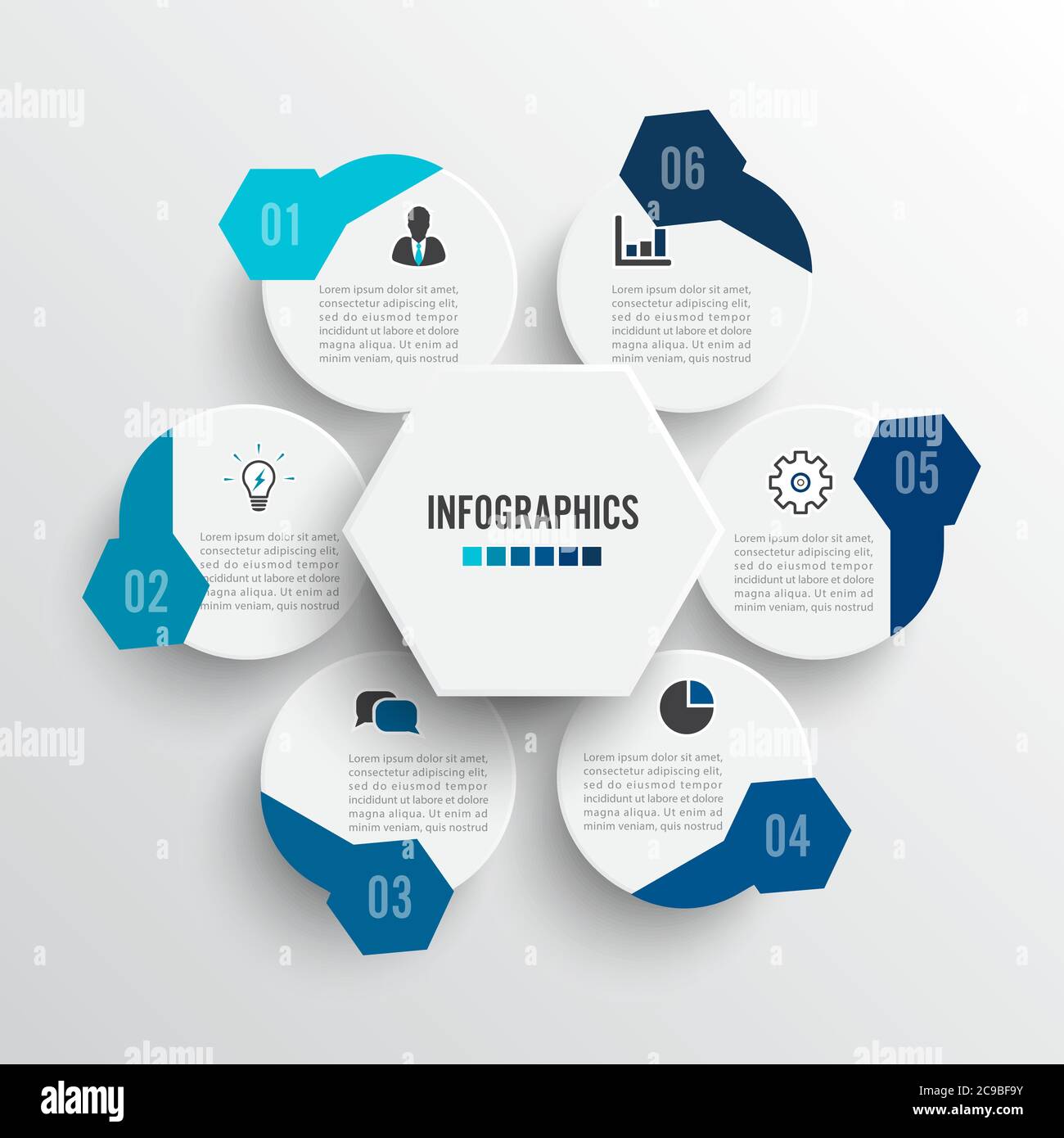 Illustrazione Vettoriale infographics 6 opzioni. Modello per brochure, business, web design. Illustrazione Vettoriale