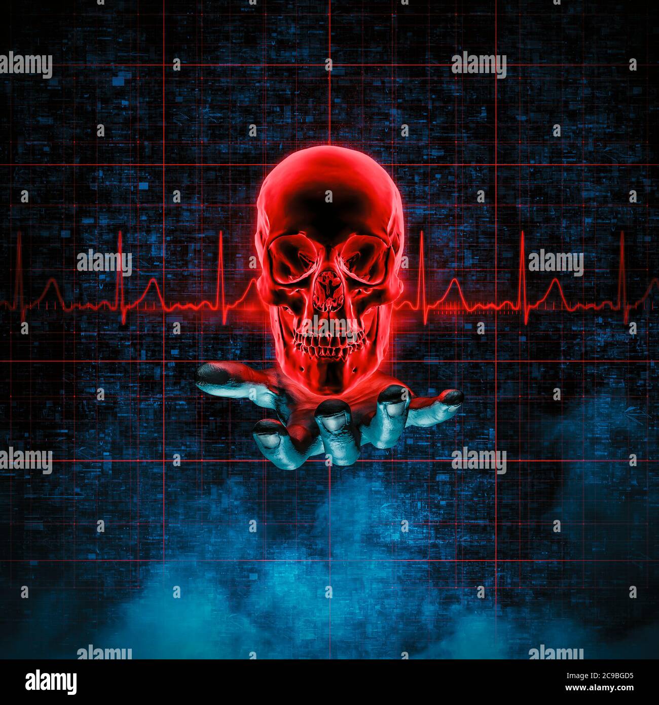 Condizione medica mortale / illustrazione 3D del cranio umano rosso incandescente sopra la mano aperta con ritmo cardiaco Foto Stock