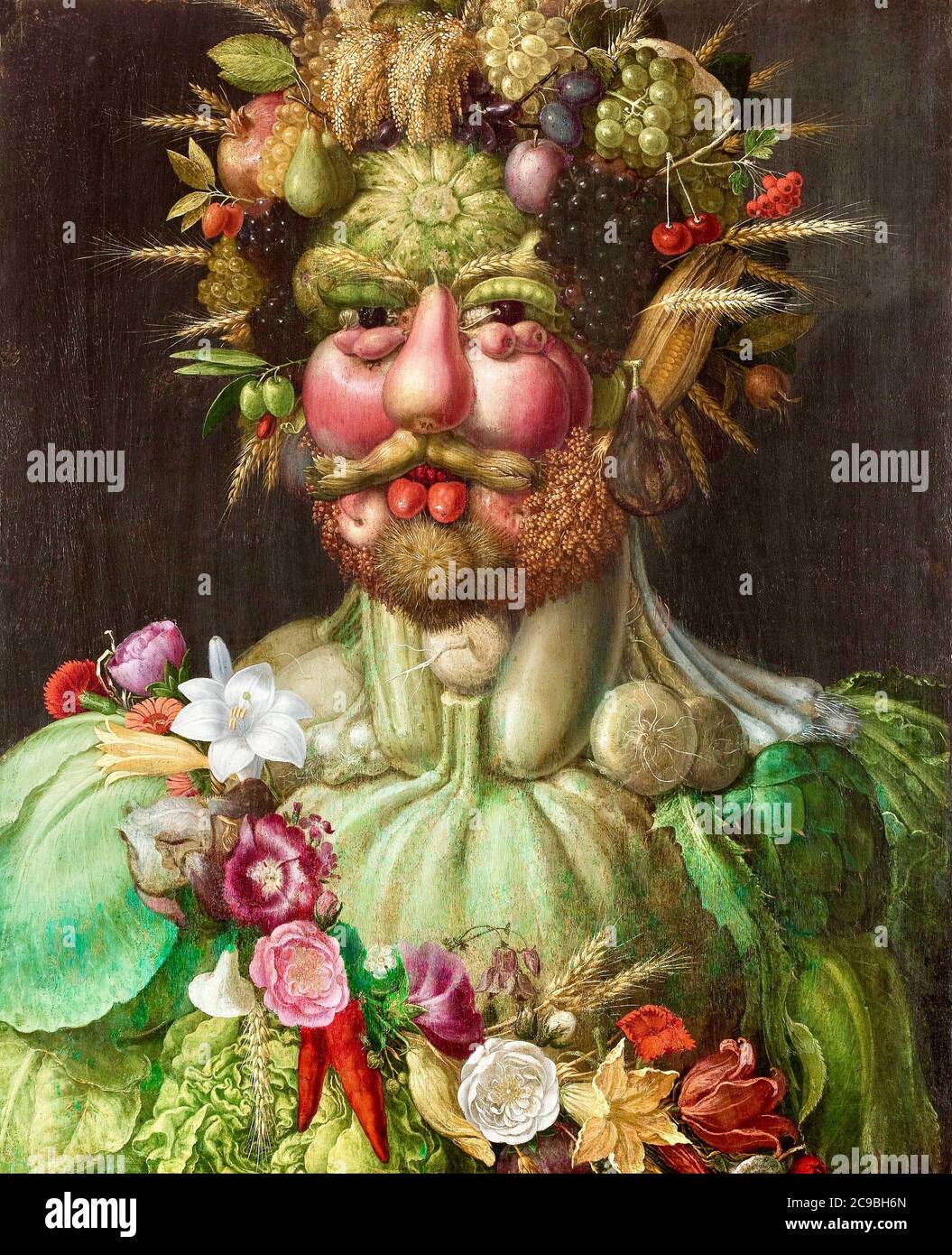 Rielaborazione di Giuseppe Arcimboldo pittore italiano più noto per la creazione di fantasiose teste ritratti realizzate con oggetti come frutta, verdura. Foto Stock