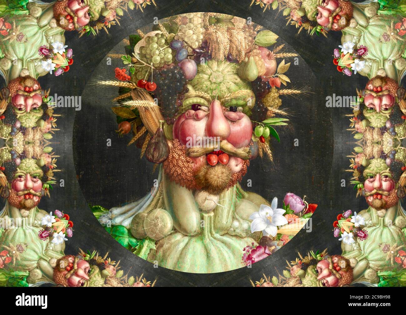 Rielaborazione di Giuseppe Arcimboldo pittore italiano più noto per la creazione di fantasiose teste ritratti realizzate con oggetti come frutta, verdura. Foto Stock