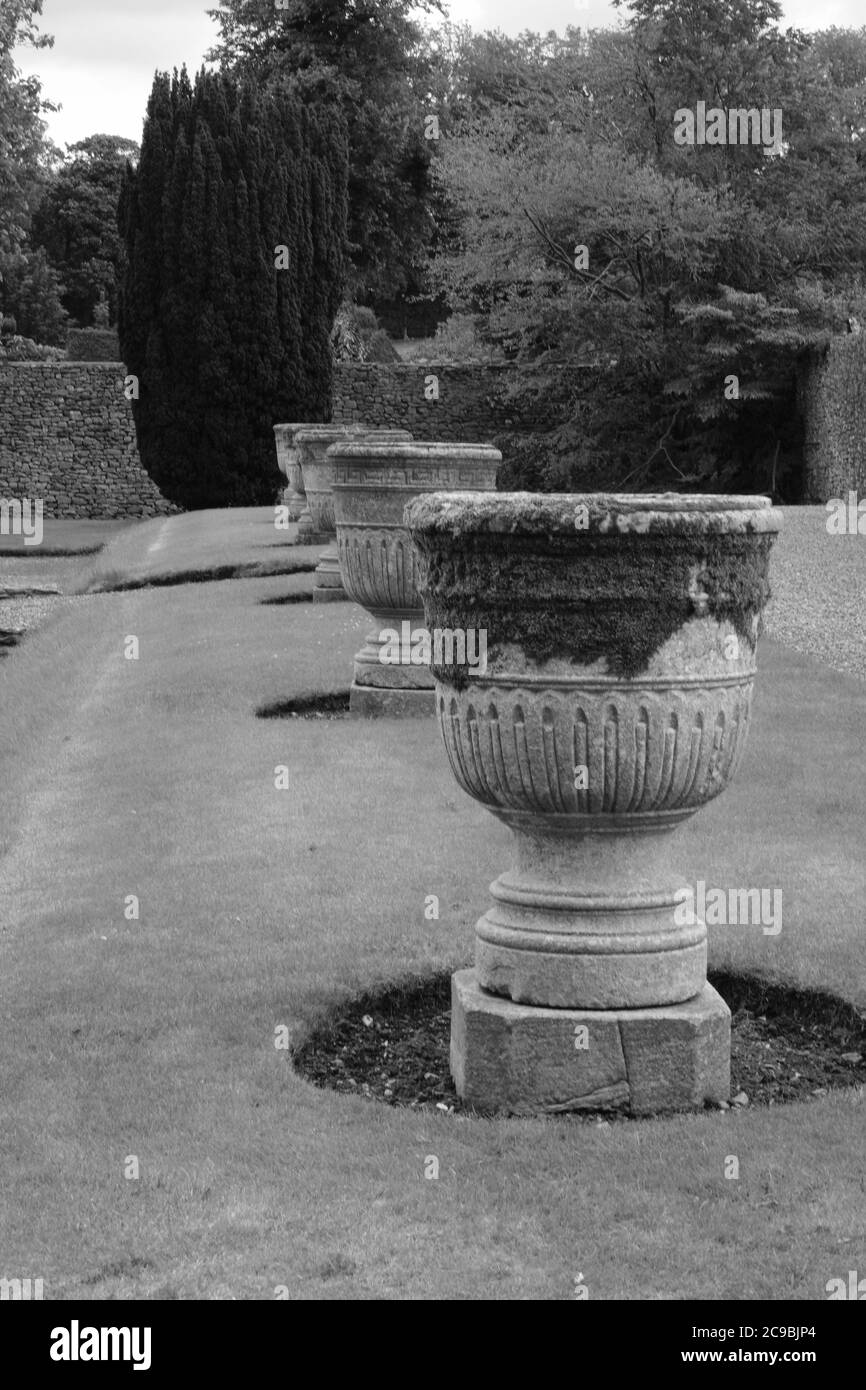 Levens Hall, Cumbria, Casa, Sala, Giardini, Topiario, forme, scultura vivente, James Grahme, Corte, Topiario esteso, scatola, Antica, Giardino, originale Foto Stock