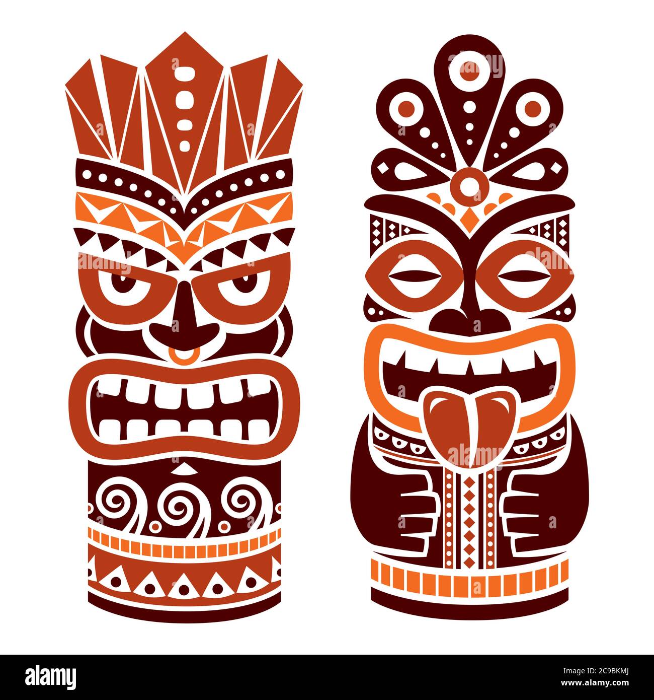 Tiki pole totem disegno vettoriale in marrone - decorazione tradizionale statua set da Polinesia e Hawaii, arte popolare tribale sfondo Illustrazione Vettoriale