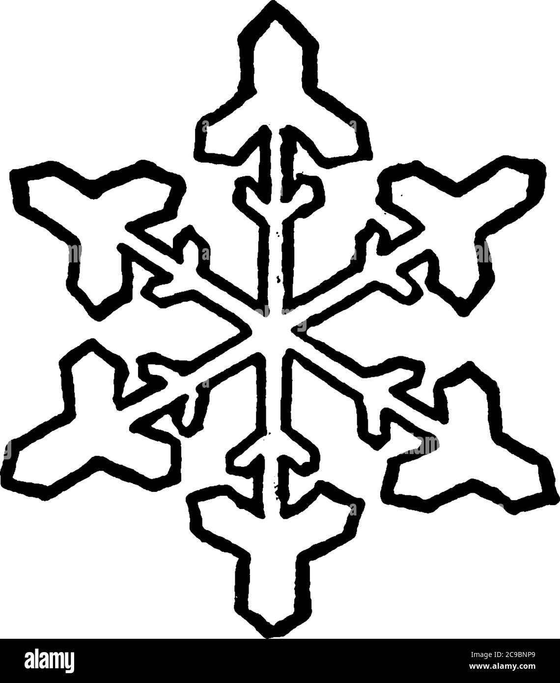 Un cristallo di ghiaccio piume, il fiocco di neve, che mostra una delicata simmetria a sei pieghe, un disegno di linee vintage o un'illustrazione dell'incisione. Illustrazione Vettoriale