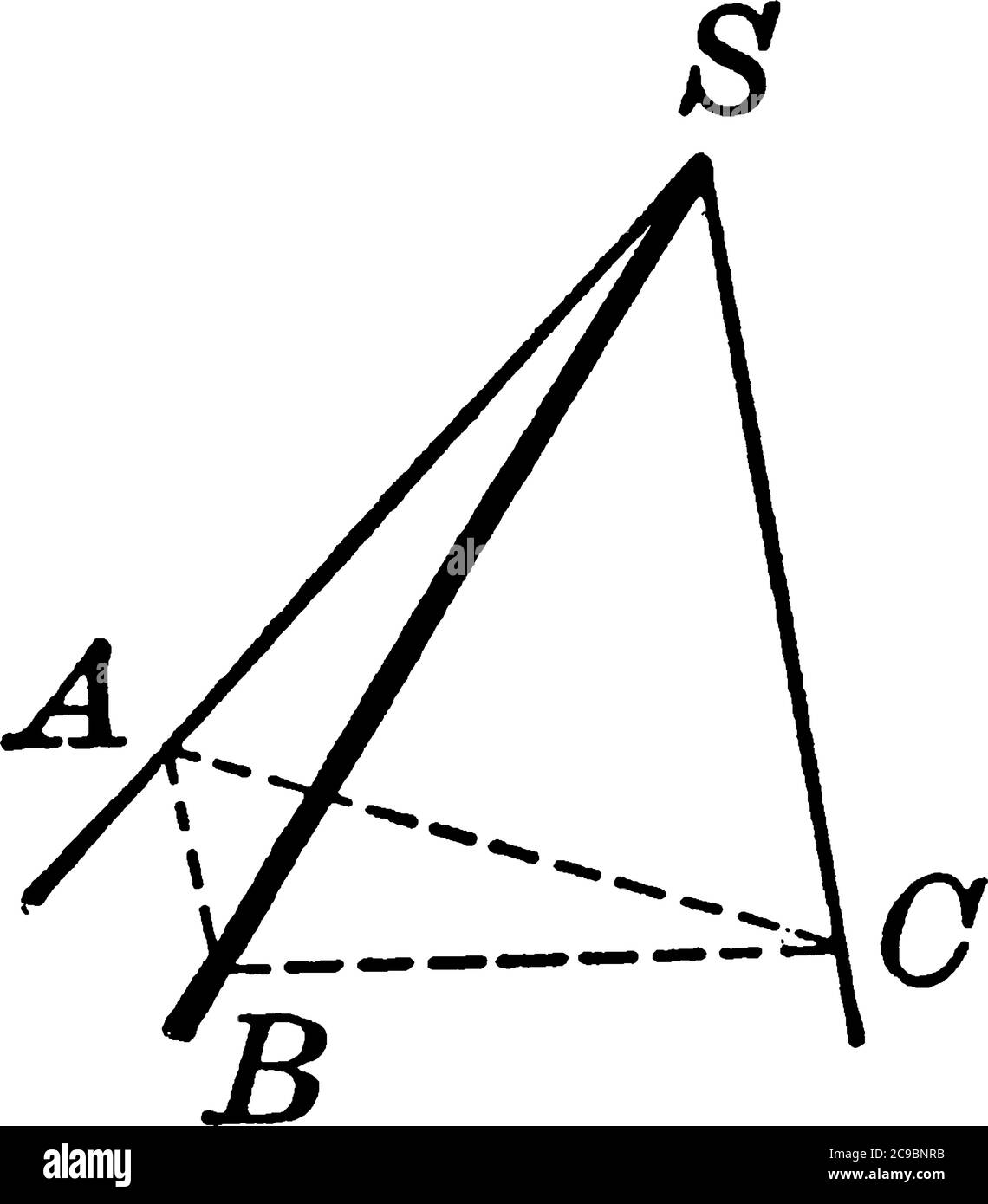 Angolo formato da tre piani le cui intersezioni si incontrano in un vertice S, tale angolo è noto anche come angolo poliedrico, disegno di linea vintage o incisione i. Illustrazione Vettoriale