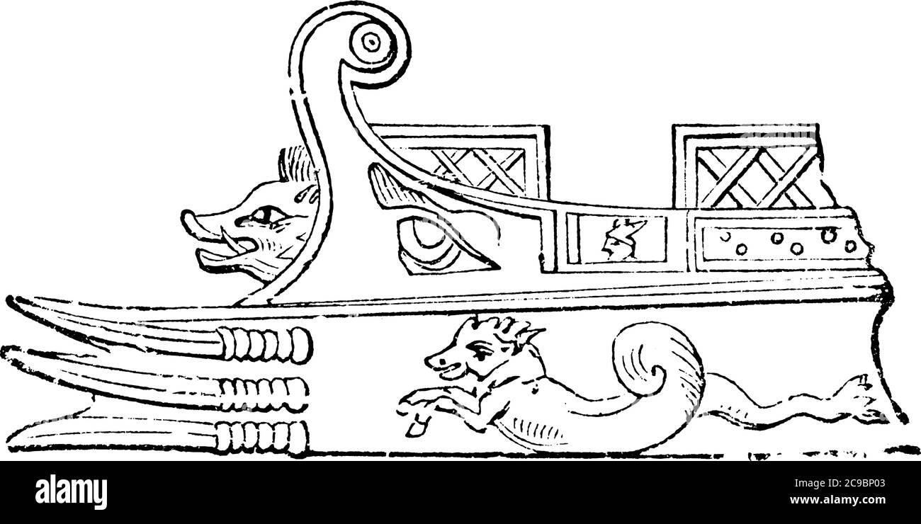 Il prow di una nave incisa con una testa animale, poche spade e comprende altri disegni, disegni di linea vintage o illustrazione di incisione. Illustrazione Vettoriale
