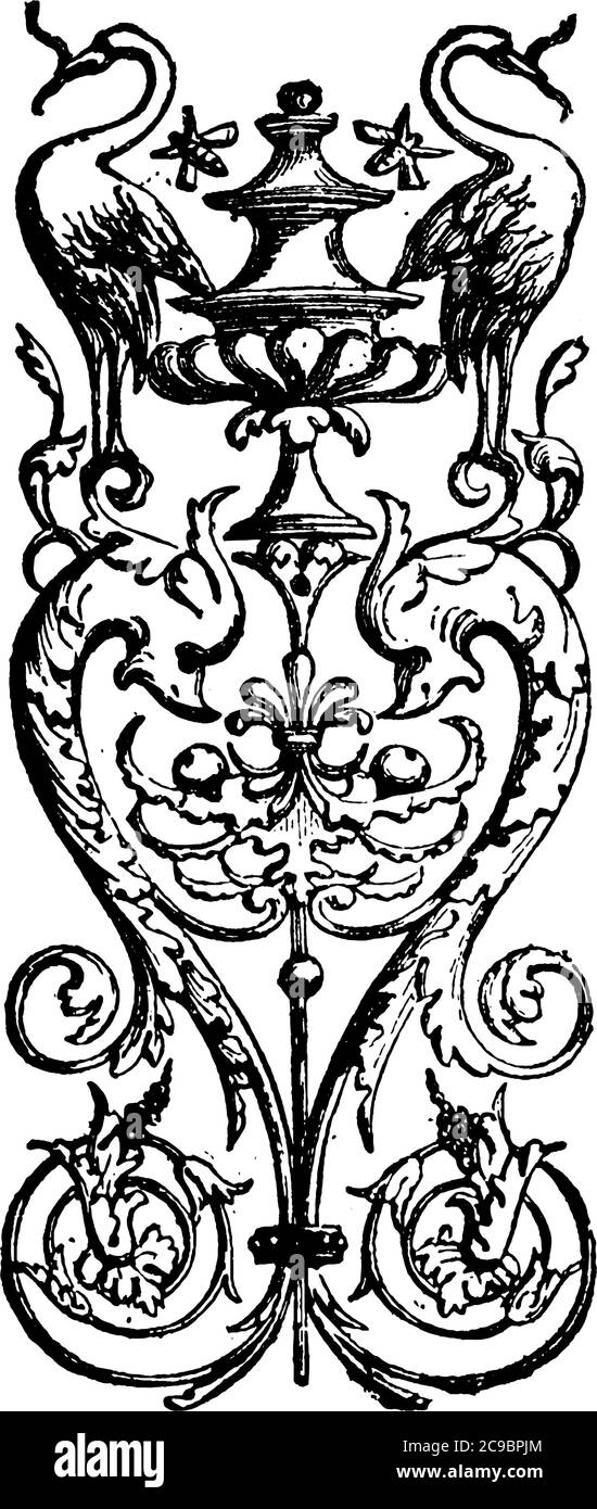 Un ferro battuto altamente decorato, disegno di linea vintage o illustrazione di incisione. Illustrazione Vettoriale