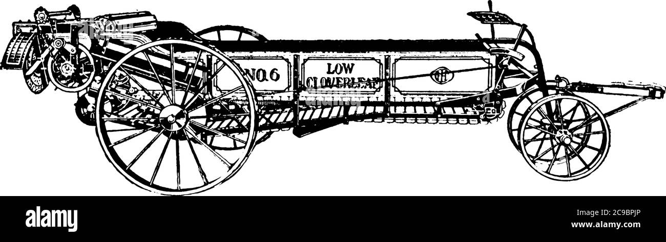 Lo spargipula a foglia di garofano è una macchina o un dispositivo usato per spargere concime o concime sfusi su un'azienda agricola, disegno di linea d'annata o illustrazione di incisione. Illustrazione Vettoriale