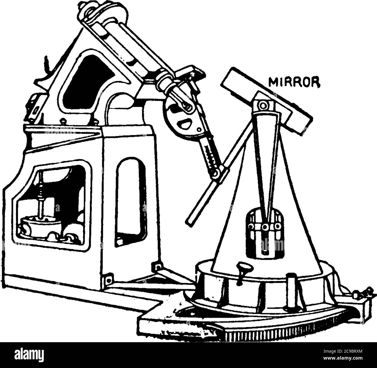 Siderostat, uno strumento astronomico costituito da uno specchio piano che viene ruotato gradualmente da un motore per trasmettere un fascio di luce lungo l'opt Illustrazione Vettoriale