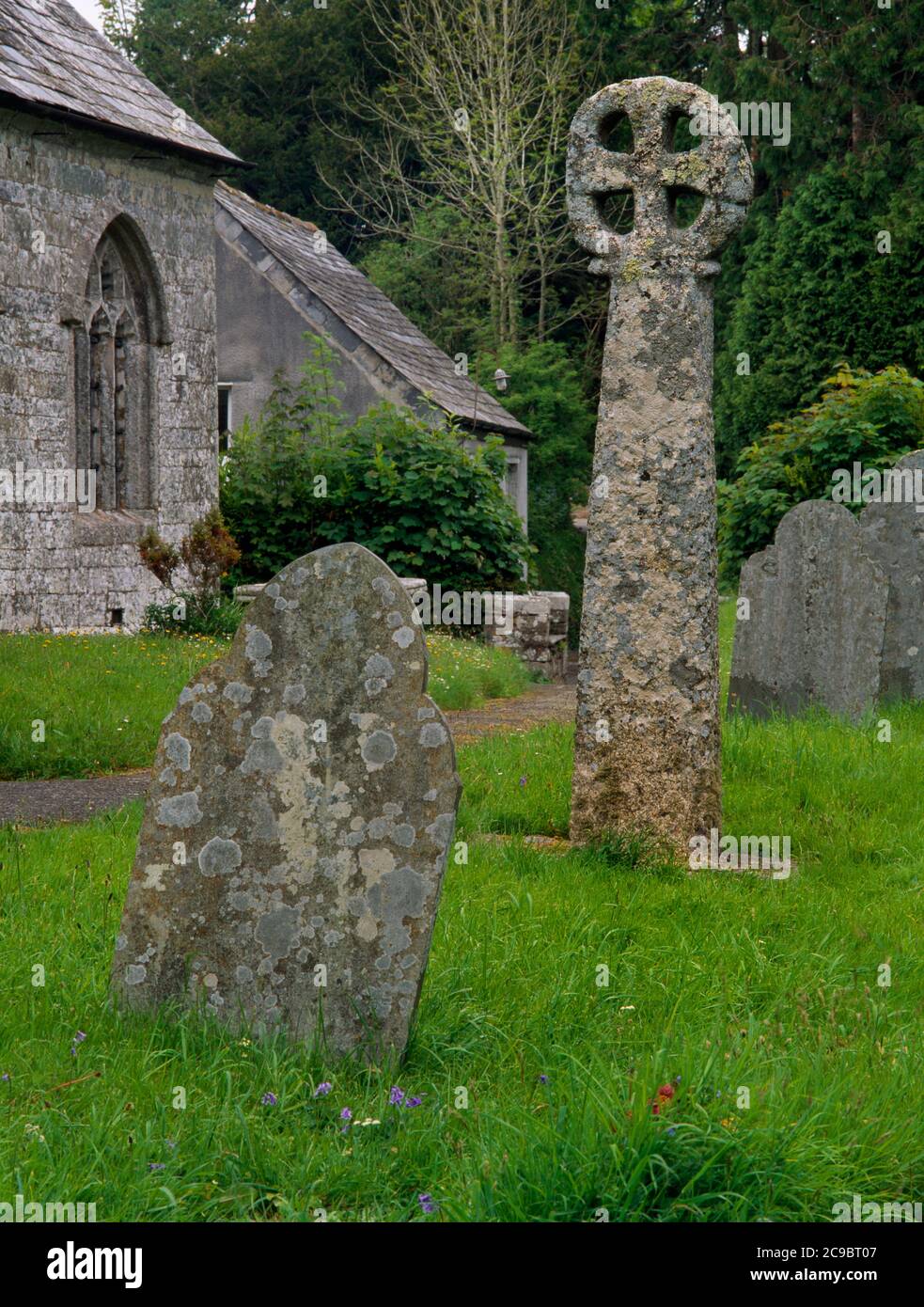 Vedi ENE della croce pre-conquista a S della chiesa di St Sidwell, Lanest, Cornovaglia, Inghilterra, Regno Unito. Un monolito di granito grosso modo scavato alto circa 3 m. Foto Stock