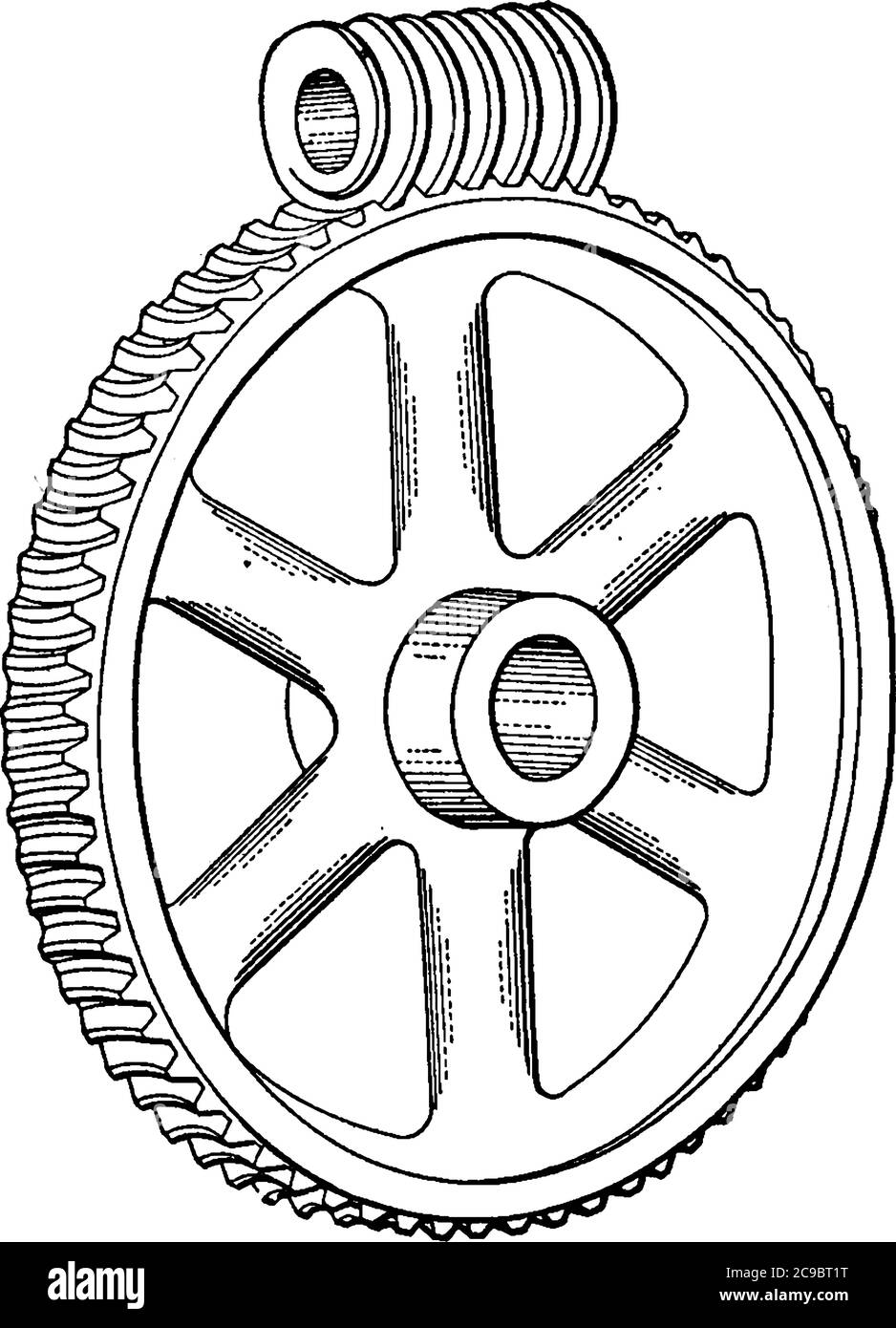L'azionamento a vite senza fine è un ingranaggio in cui la vite si ingrana con la ruota dentellata, il disegno della linea vintage o l'illustrazione dell'incisione. Illustrazione Vettoriale