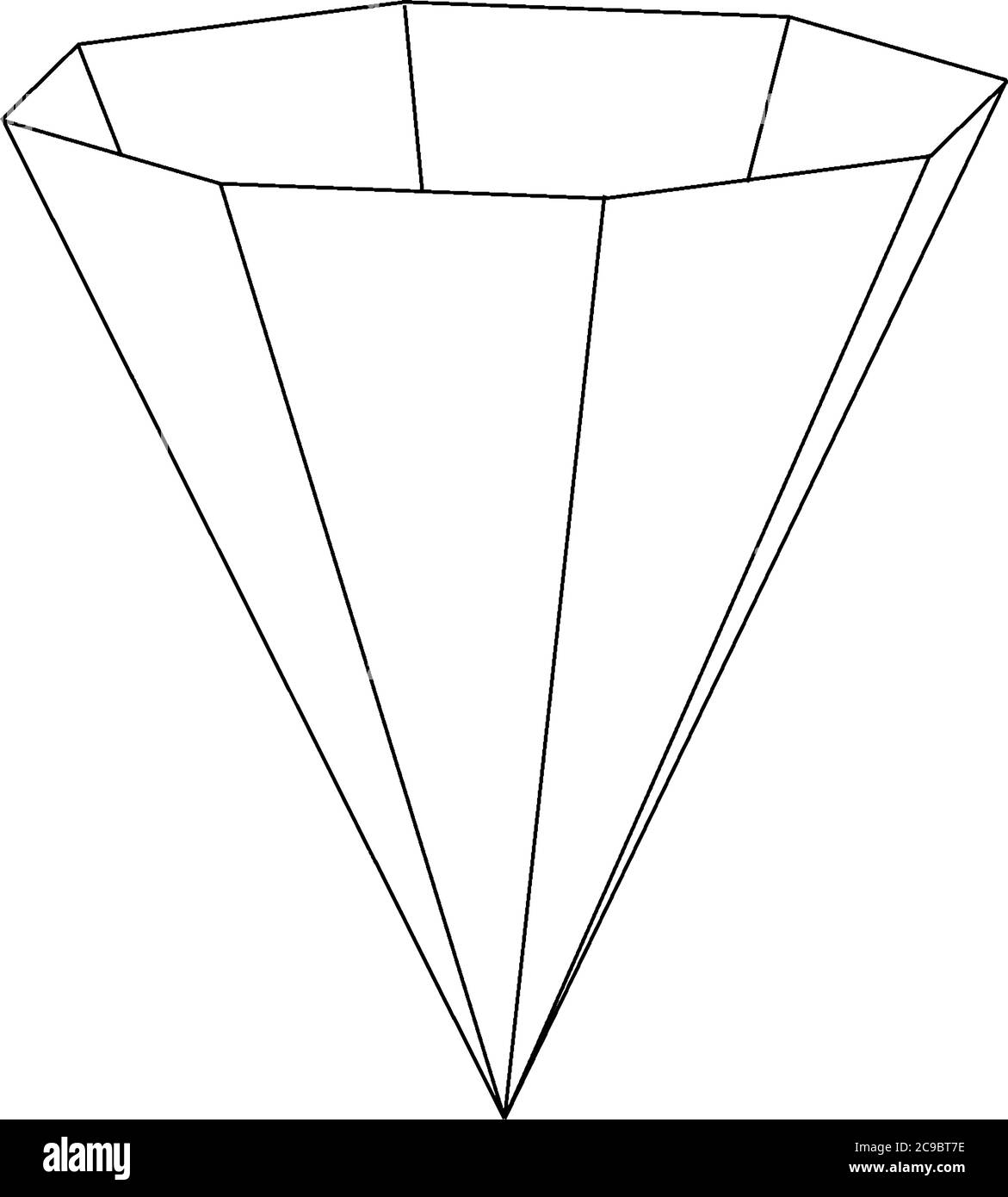 La base è un ottagono e le facce sono triangoli isosceli. La piramide è invertita, il che significa che il vertice è in basso e la base è in alto Illustrazione Vettoriale