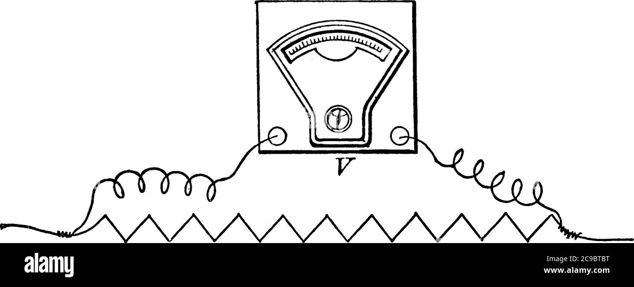 Un voltmetro è uno strumento utilizzato per misurare la differenza di potenziale elettrico tra due punti di un circuito elettrico, un disegno di linea vintage o un motore Illustrazione Vettoriale