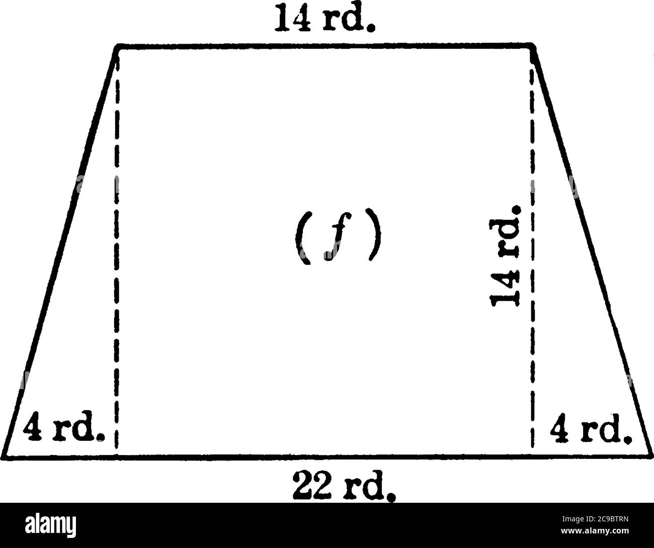 Un Trapezoid ha basi che sono 14 e 22 ° in lunghezza e altezza 14 °, disegno di linea vintage o illustrazione di incisione. Illustrazione Vettoriale