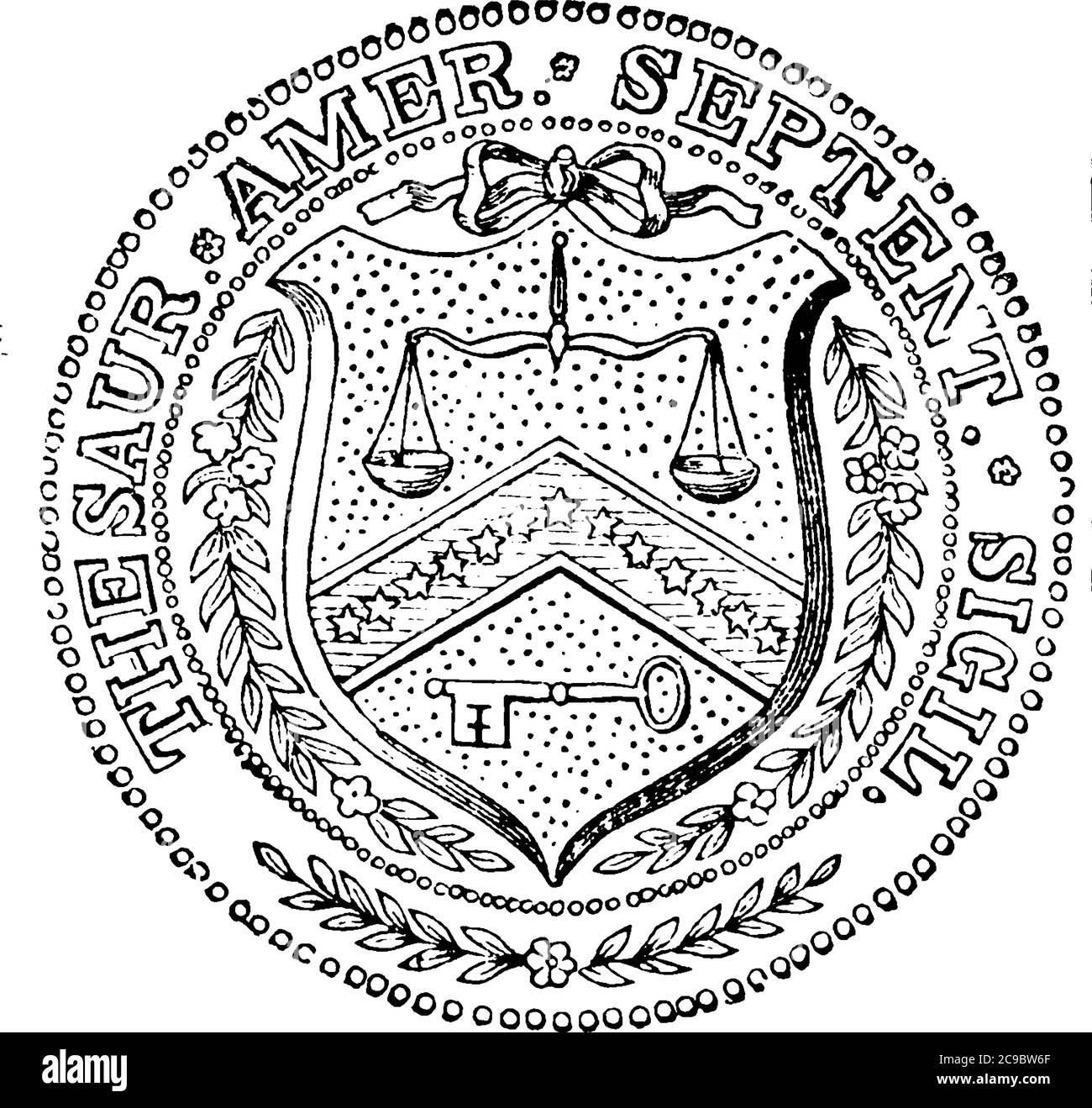 Sigillo del Dipartimento del Tesoro, disegno di linea vintage o illustrazione di incisione. Illustrazione Vettoriale