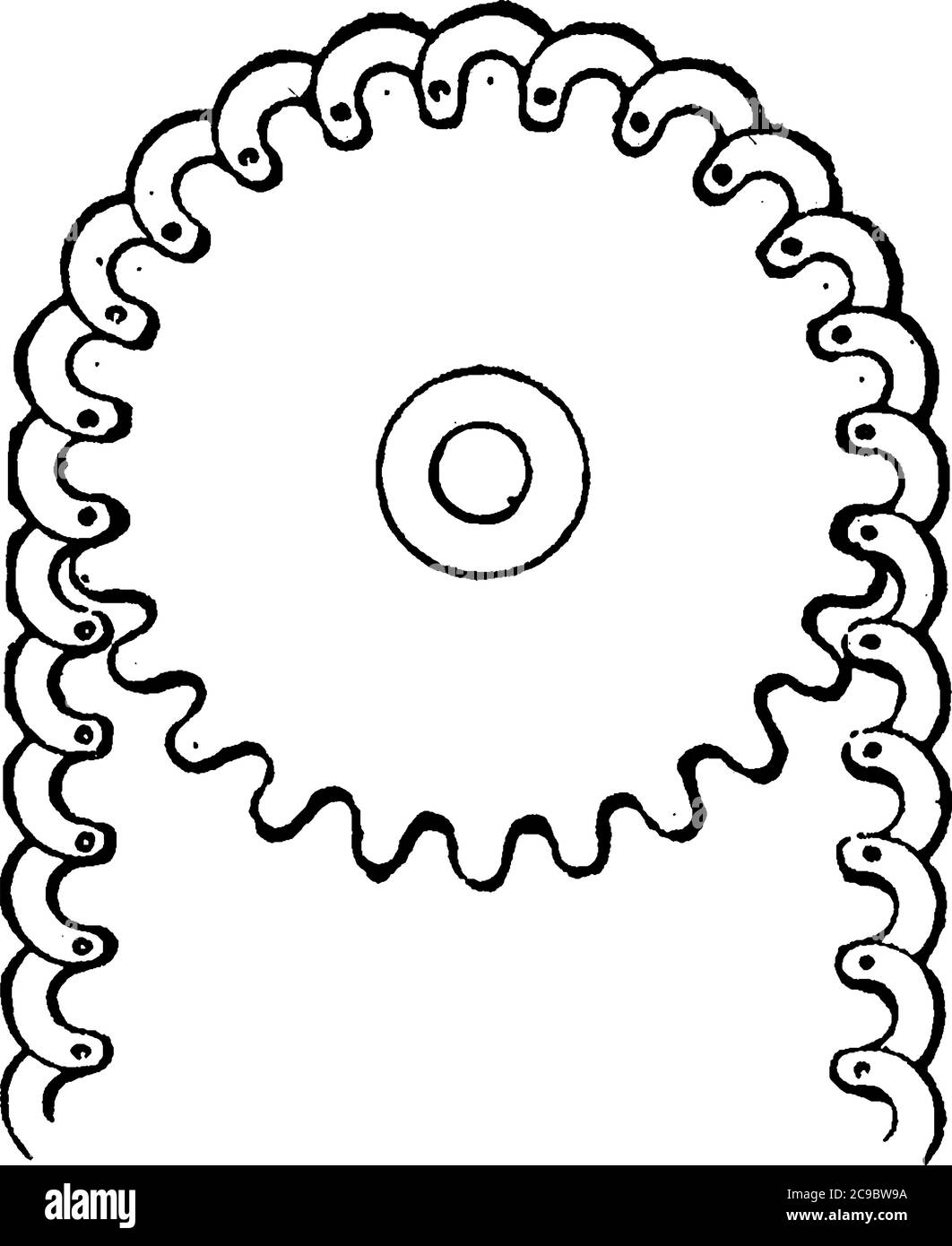 Una ruota profilata o ruota dentata con denti che ingranano con una catena; su di essa si impegnano sporgenze radiali con una catena che la attraversa. Utilizzato in biciclette t Illustrazione Vettoriale