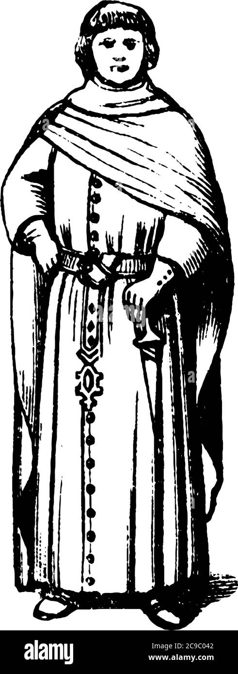 Una rappresentazione tipica del costume maschile indossato dal tempo dei Plantageneti. Seminato qui è un uomo vestito in questo costume, in piedi con uno di Illustrazione Vettoriale