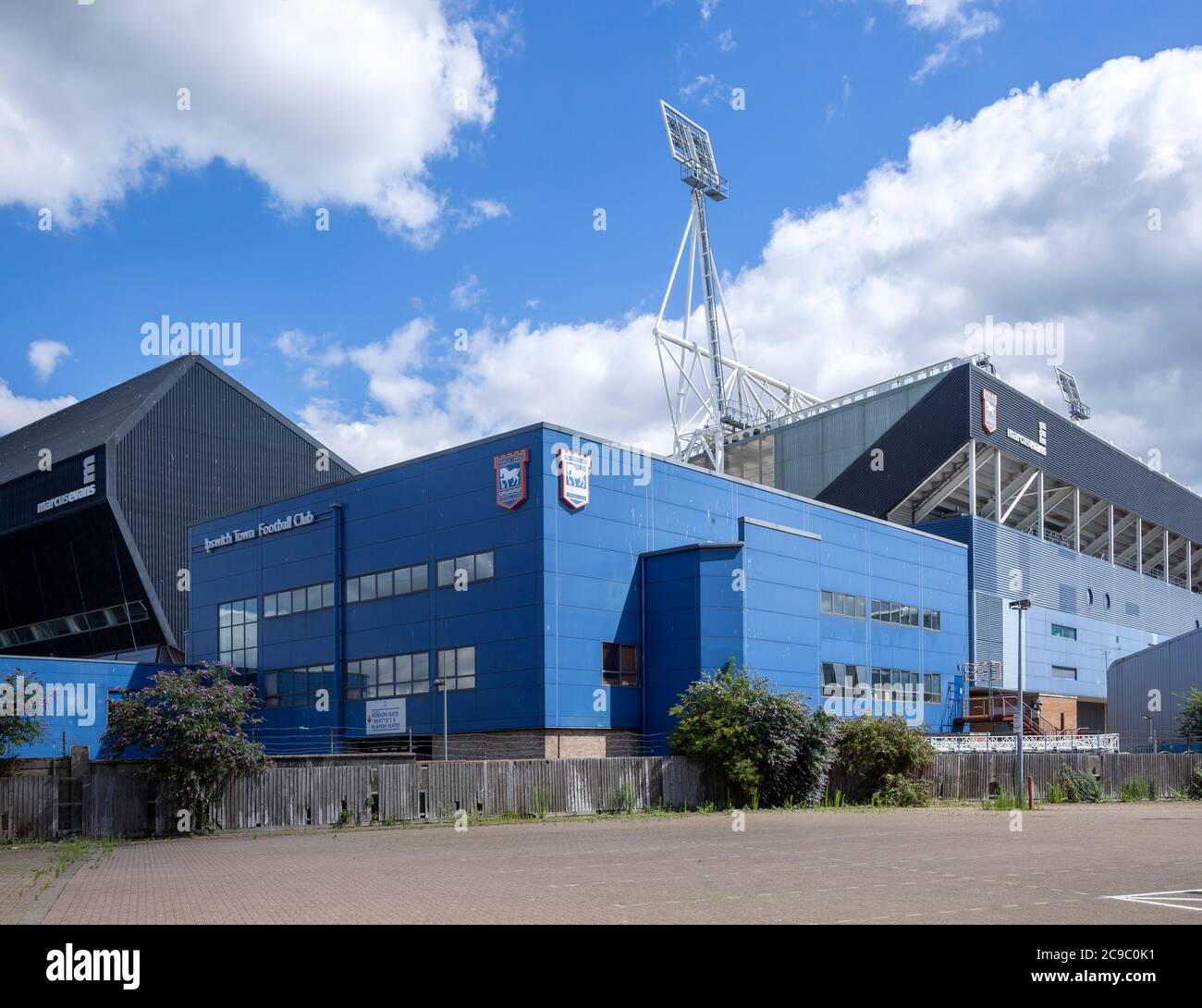 Stadio di calcio Ipswich Town Football Club, Ipswich, Suffolk, Inghilterra, vista del Regno Unito da Russell Road Foto Stock