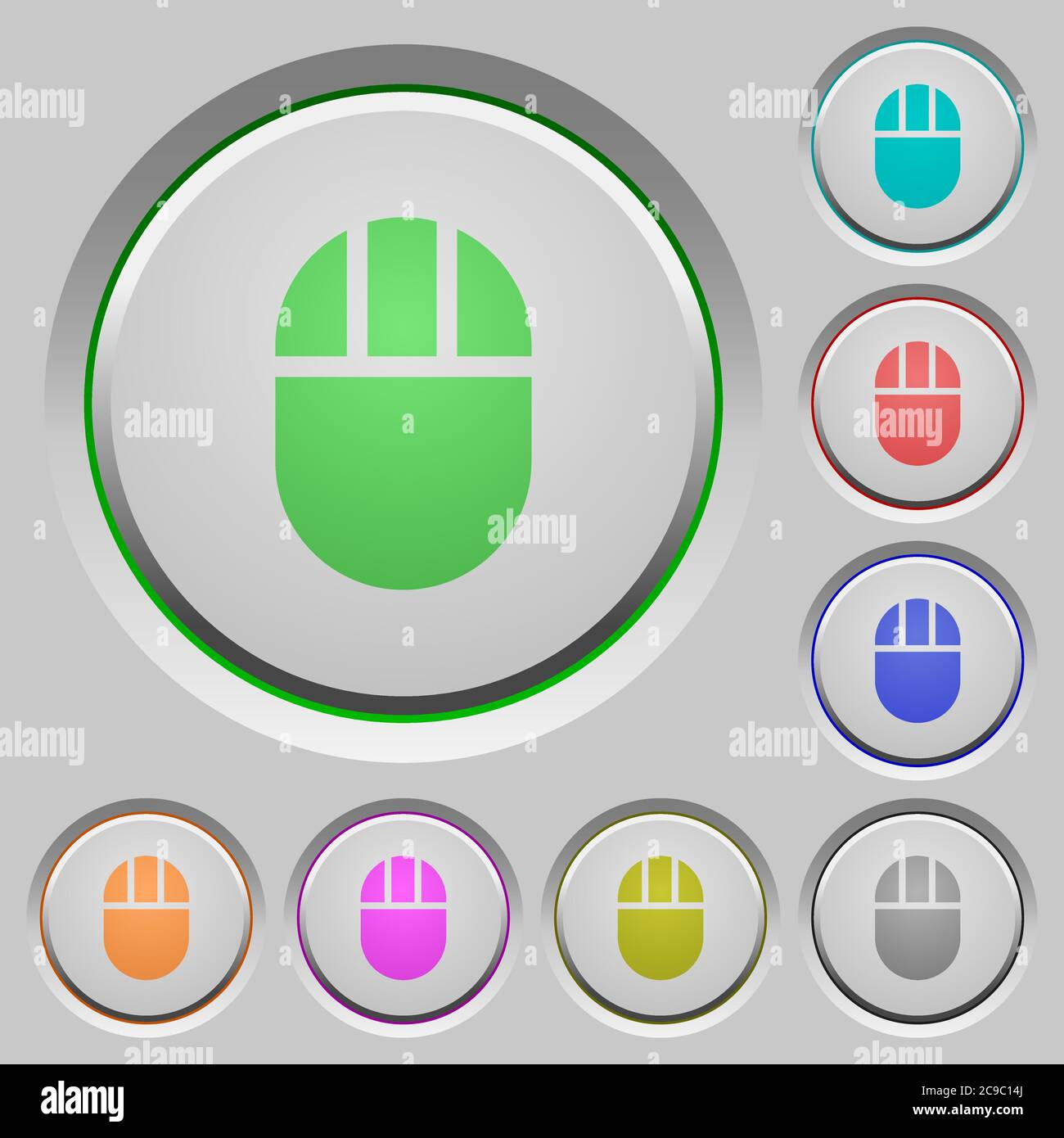 Tre icone a colori del mouse del computer a bottoni sui pulsanti affondati Illustrazione Vettoriale