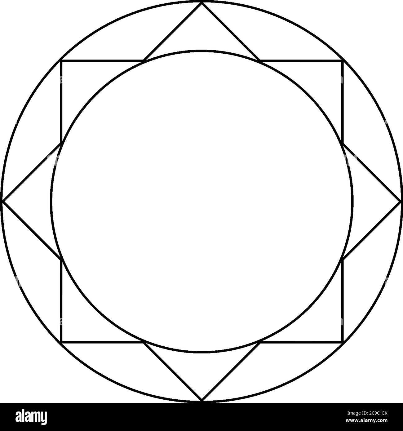Costruzione geometrica di una stella a 8 punti (poligono convesso) inscritta in un cerchio grande e circoscritta su un cerchio più piccolo, disegno di linee vintage Illustrazione Vettoriale