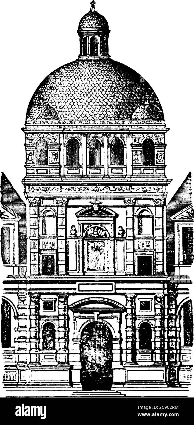 Una tipica rappresentazione di un grande edificio, il Padiglione Centrale delle Tuileries, disegnato da De Lorme, da Mariette, disegno di linea d'epoca o incisione Illustrazione Vettoriale