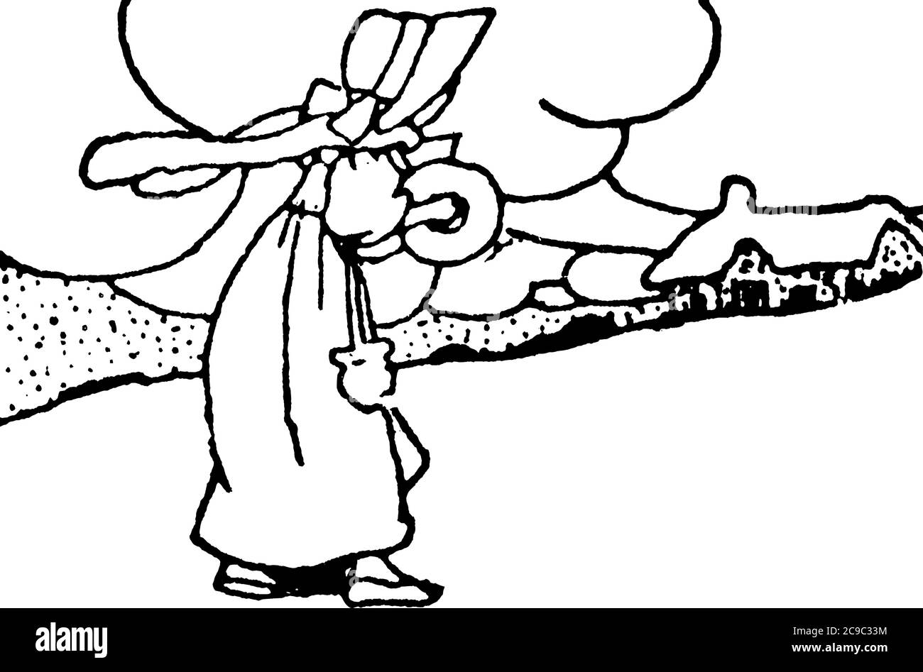 Una rappresentazione tipica di una bambina vestita per l'inverno e che cammina nella neve, disegno di linea vintage o illustrazione di incisione. Illustrazione Vettoriale