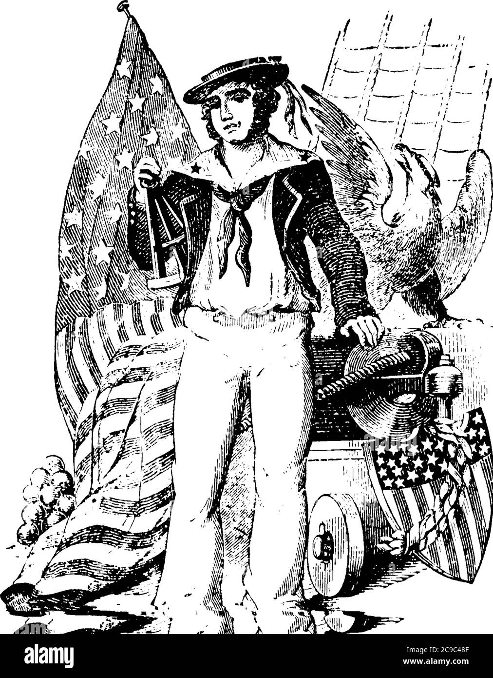 Marinaio con bandiera americana, scudo, aquila, disegno di linea vintage o illustrazione di incisione. Illustrazione Vettoriale