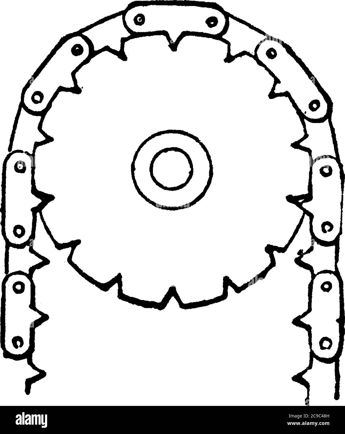 Una ruota profilata o ruota dentata con denti che ingranano con una catena; su di essa si impegnano sporgenze radiali con una catena che la attraversa. Utilizzato in biciclette t Illustrazione Vettoriale