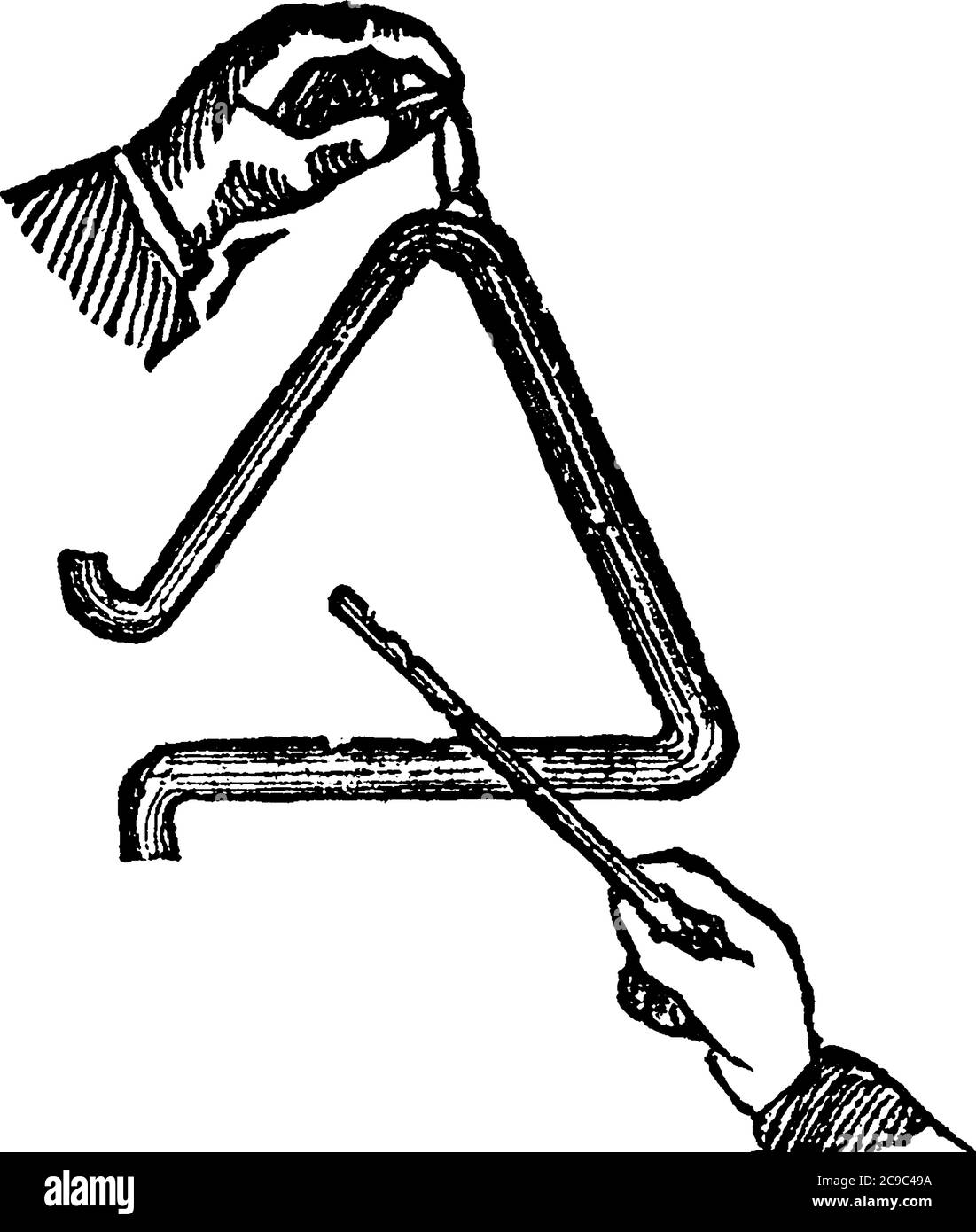 Un'asta in acciaio piegata a forma di triangolo, disegno di linee vintage o illustrazione dell'incisione. Illustrazione Vettoriale