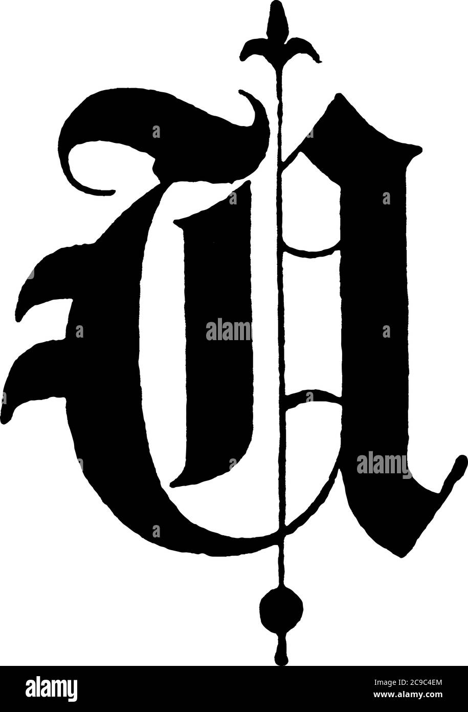 Una rappresentazione tipica della lettera, 'maiuscola-U', vecchio testo del titolo inglese. L'alfabeto è decorato ed è rappresentato in una forma elegante, vintage l Illustrazione Vettoriale