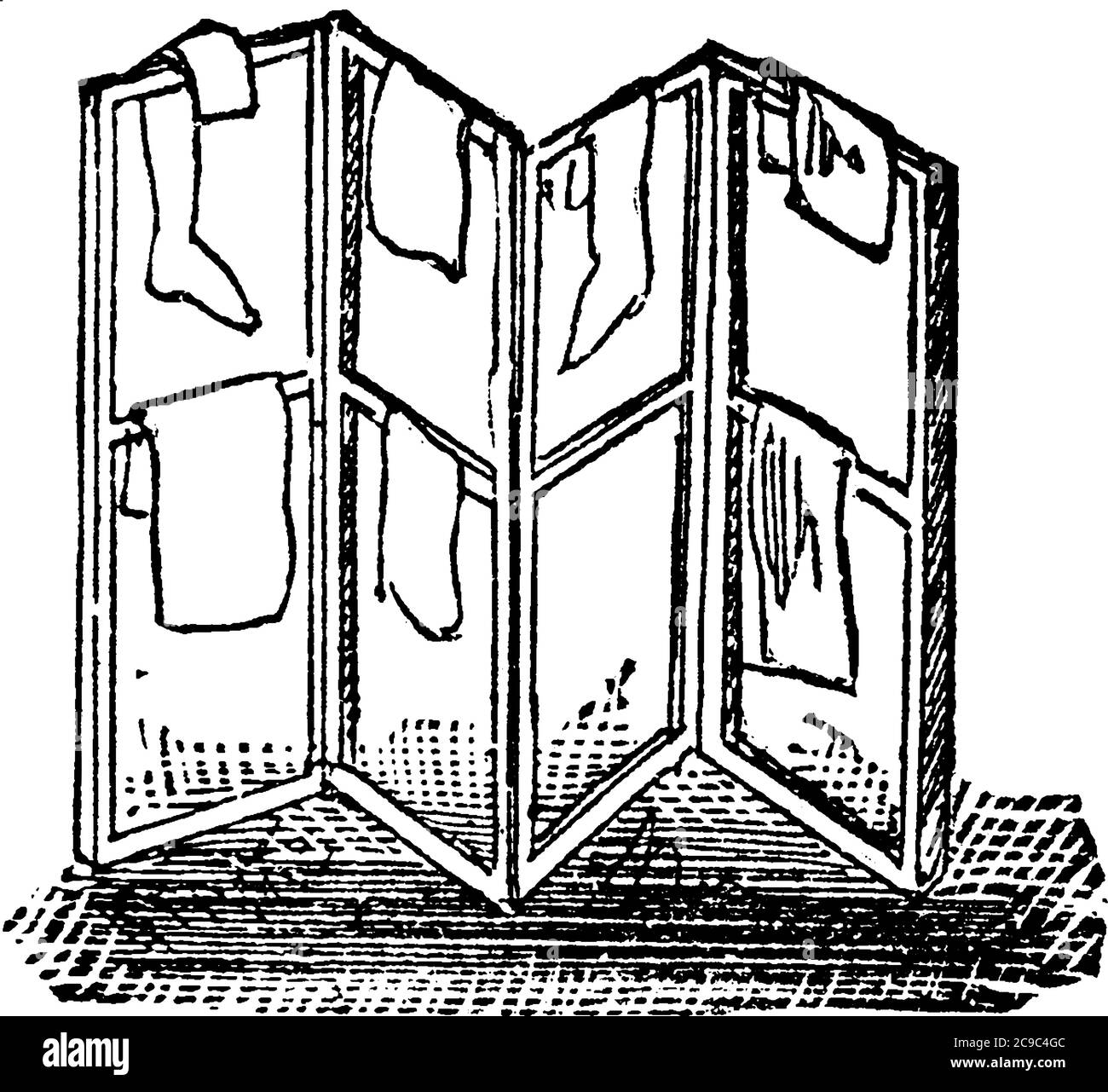 Una rappresentazione tipica di una rastrelliera, di una cornice su cui sono disposti oggetti di abbigliamento, ecc., per l'essiccazione, il disegno di una linea d'annata o l'incisione di un illus Illustrazione Vettoriale