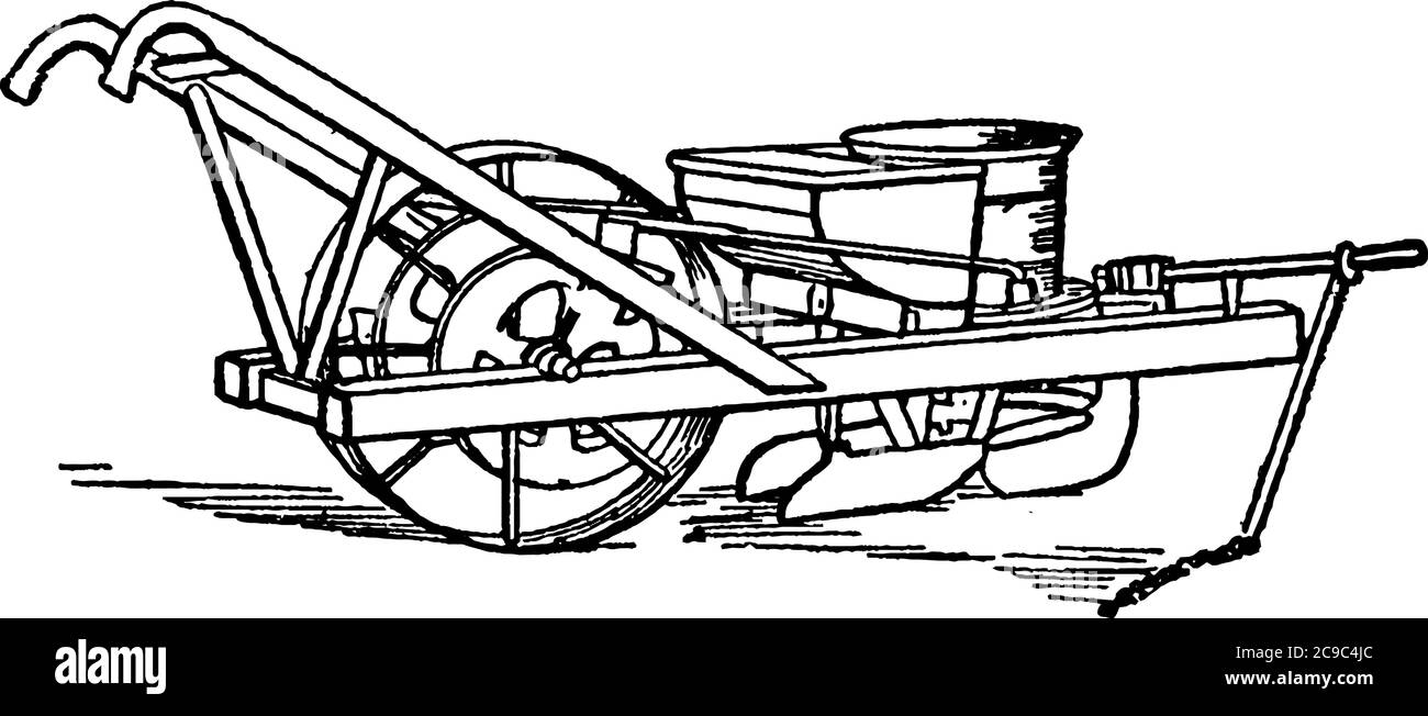 Una piantatrice di mais di campo di circa 20 ° secolo vintage disegno di linea o incisione illustrazione. Illustrazione Vettoriale