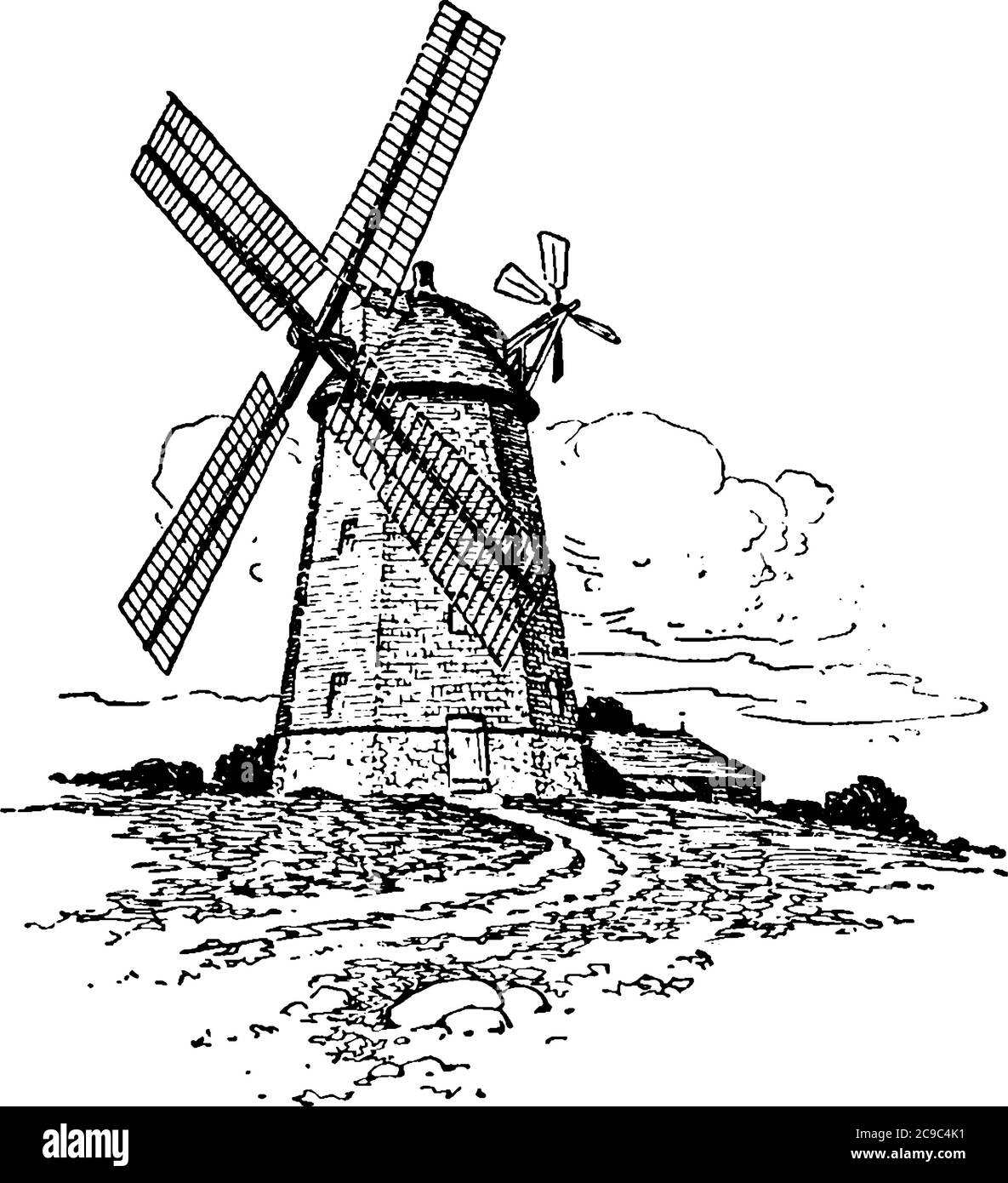 Questo è un vecchio mulino a vento fatto. Windmill è una struttura che converte l'energia eolica in energia rotazionale per mezzo delle grandi lame. Questo r Illustrazione Vettoriale