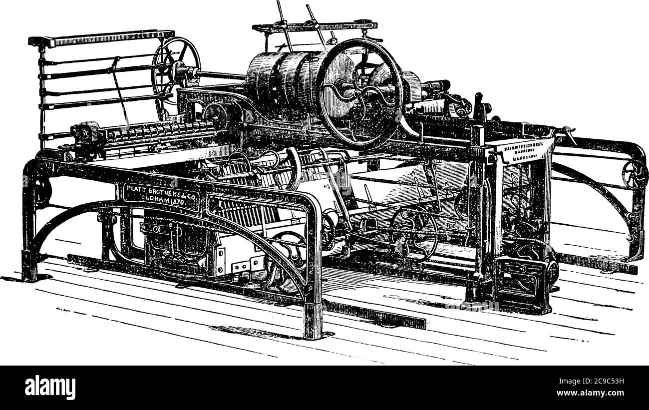 Il mulo, una macchina agricola, un contributo inventivo al commercio del cotone, disegno di linea d'annata o illustrazione di incisione. Illustrazione Vettoriale