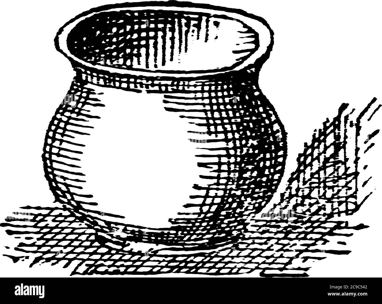 Un grande recipiente metallico o di terra, un contenitore arrotondato o cilindrico, utilizzato per la cottura e la conservazione di acqua, disegno di linee d'annata o incisione di illu Illustrazione Vettoriale
