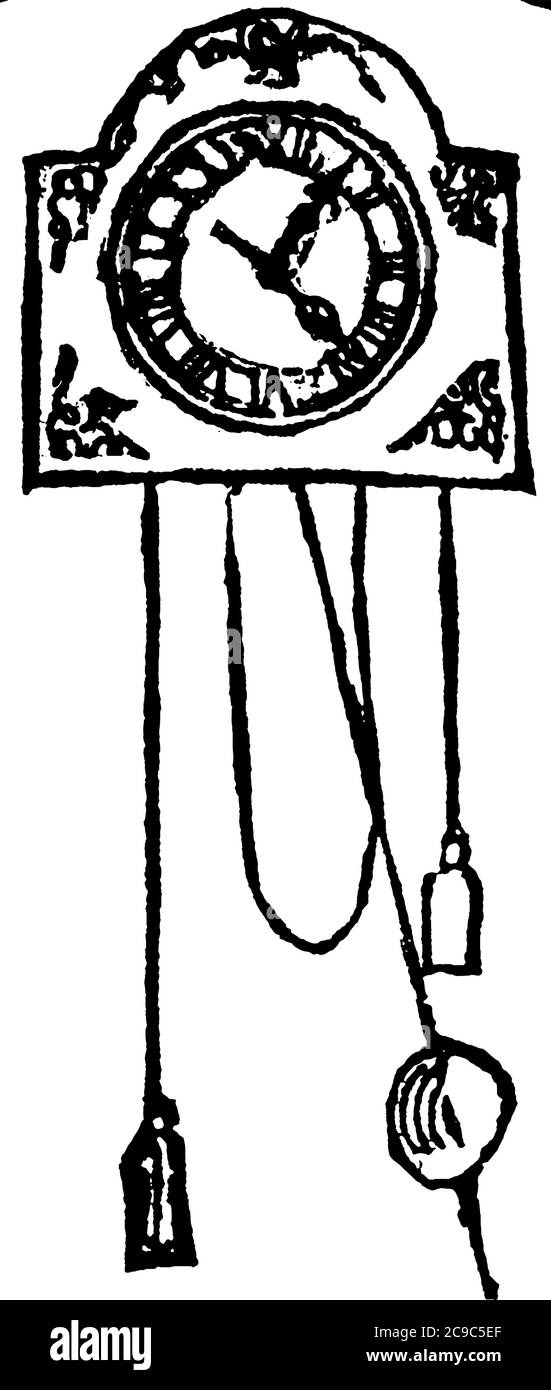 Un pendolo è un peso sospeso da un perno in modo che possa oscillare liberamente, disegno di linea vintage o illustrazione di incisione. Illustrazione Vettoriale