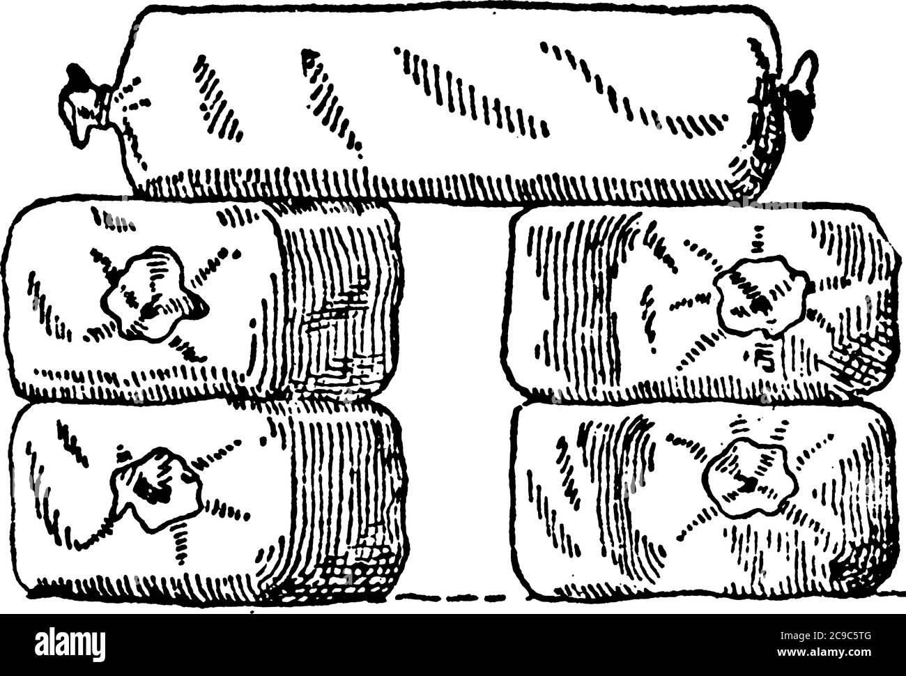 Un mucchio di sacchi di sabbia, un sacco o sacco fatto di hessian (tela), polipropilene o altri materiali robusti che è riempito di sabbia o terreno e utilizzato per vari Illustrazione Vettoriale