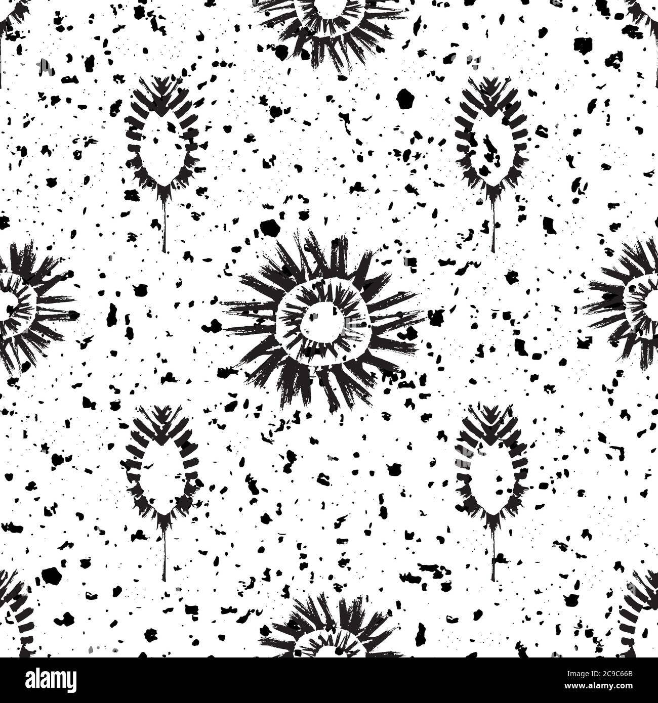 Motivi etnici e tribali vettoriali sfondo senza giunture. Sfondo bianco e nero con grana molto ruvida, con simboli del sole e piume Illustrazione Vettoriale