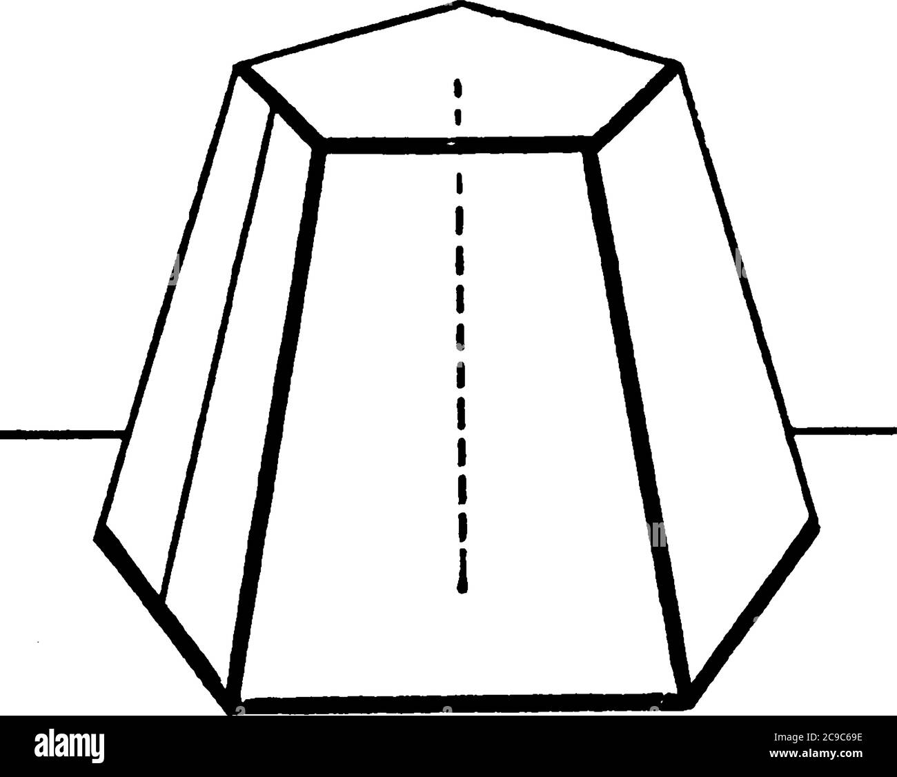 Parte inferiore della piramide pentagonale tagliata da un piano orizzontale, detto anche tronco, disegno di linee d'annata o illustrazione dell'incisione. Illustrazione Vettoriale
