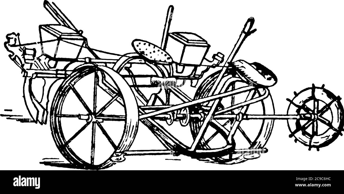 Una piantatrice di mais di circa 20 ° secolo, disegno di linea vintage o incisione illustrazione. Illustrazione Vettoriale