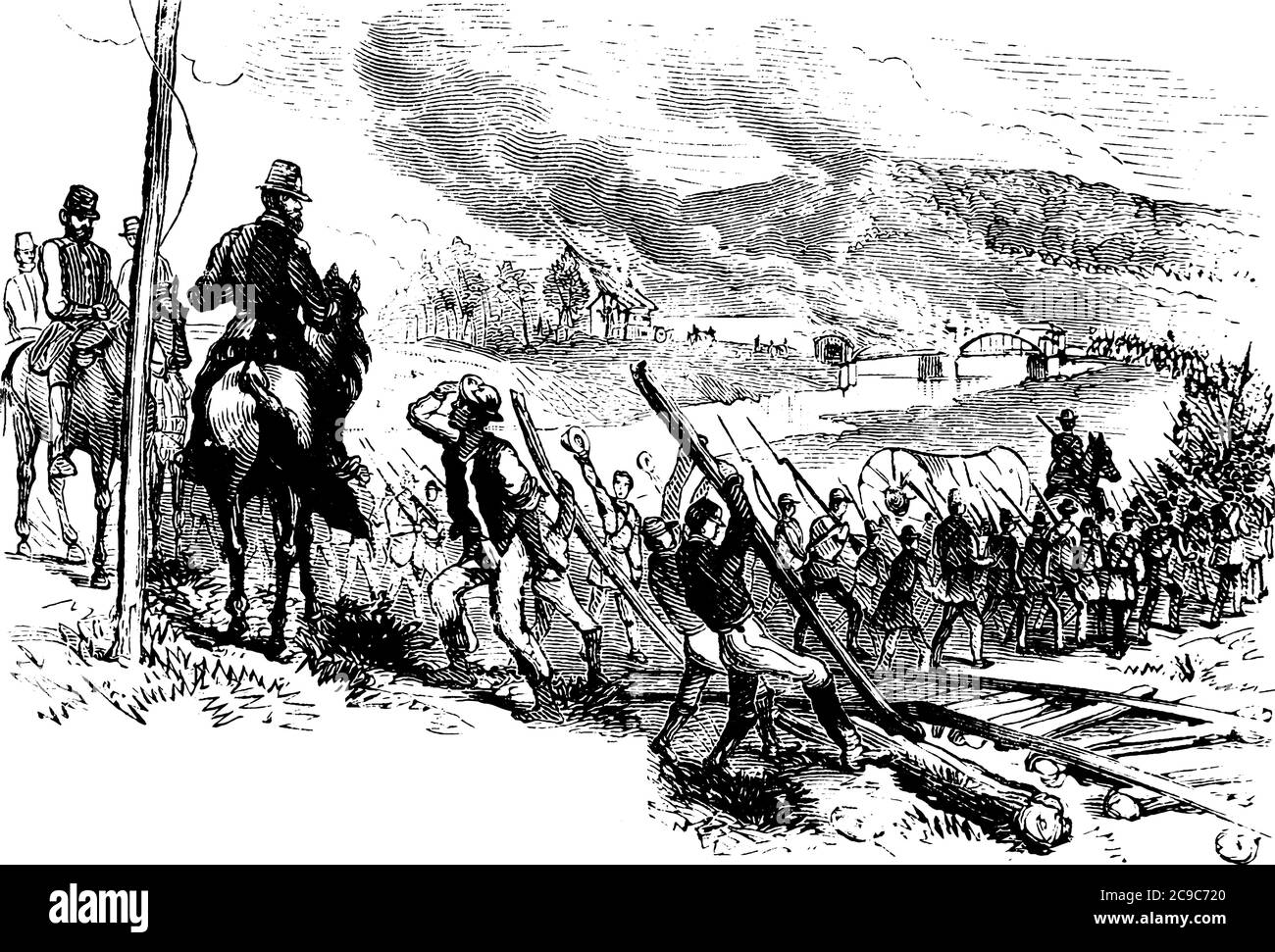 Un'immagine che raffigura la marcia del generale Sherman al mare durante la guerra civile, con uomini a cavallo, disegno di linee d'epoca o illustrazione dell'incisione. Illustrazione Vettoriale
