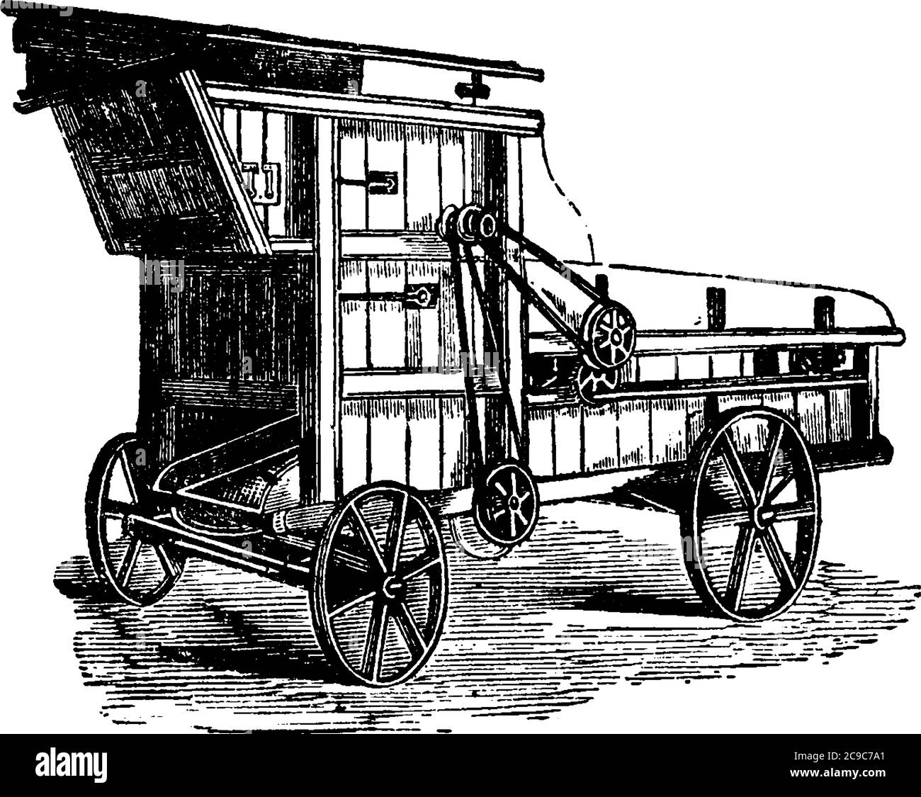 La macchina per la trebbiatura portatile, un'attrezzatura agricola, viene utilizzata principalmente per trebbiare la granella e separare i semi da steli e bucce. È stato inventato per la prima volta da Andre Illustrazione Vettoriale