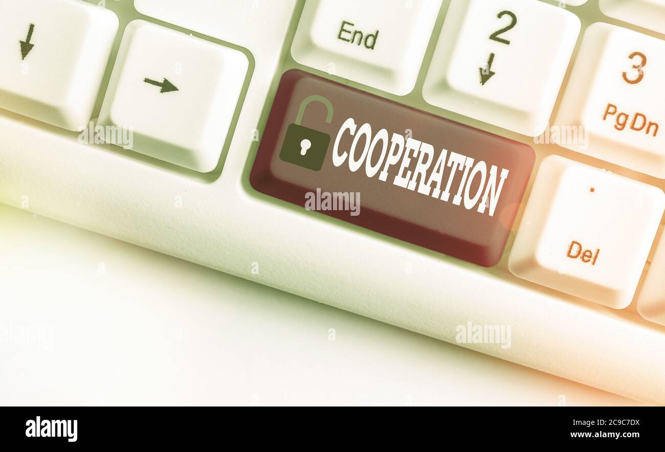 Testo di scrittura cooperazione. Foto di business che mostra le azioni di qualcuno che è stato utile facendo ciò che si desidera diverso KE tastiera colorata Foto Stock
