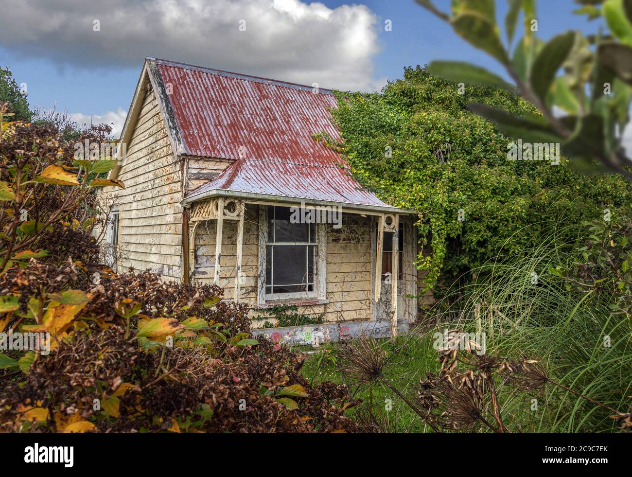 Una casa in legno sopravfatta, abbandonata all'inizio del XX secolo della Nuova Zelanda, un esempio di decadimento urbano. Foto Stock