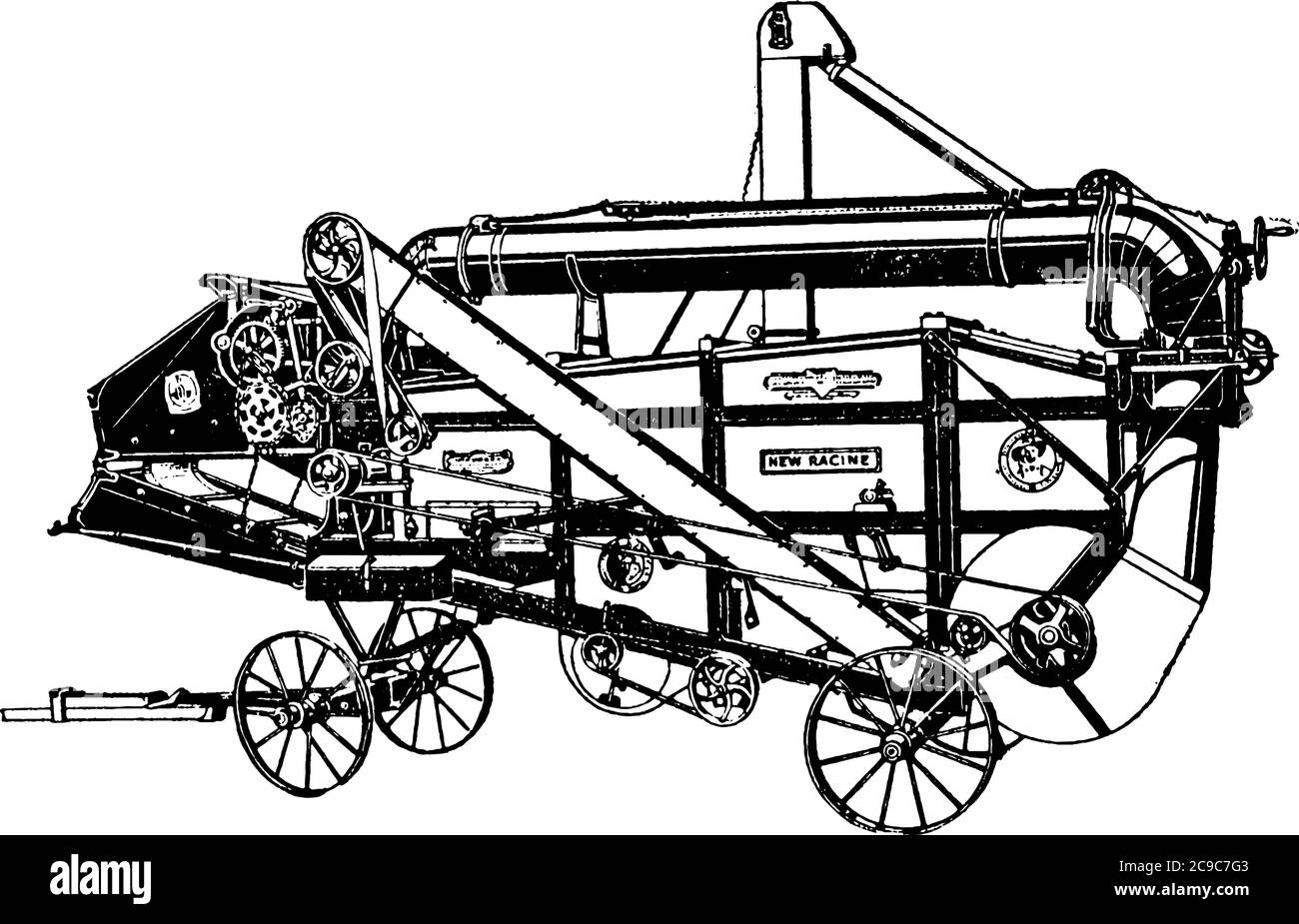 L'apparato trebbiante è una macchina agricola utilizzata per rimuovere i semi dai gambi e dalle bucce, dal disegno della linea vintage o dall'illustrazione dell'incisione. Illustrazione Vettoriale