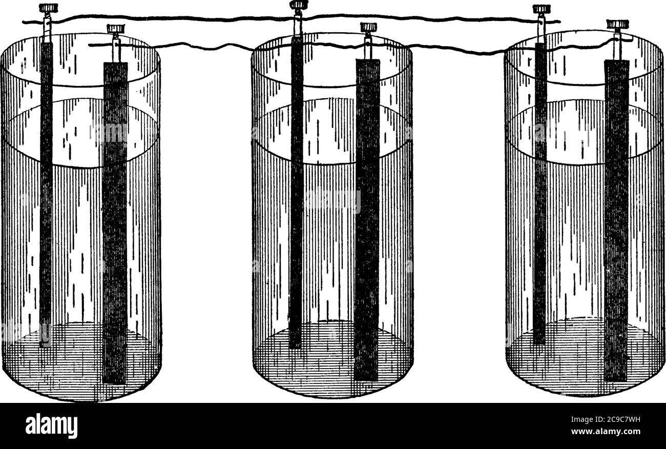 Più celle della batteria in collegamento parallelo, con tutti i terminali positivi collegati tra loro e tutti i terminali negativi collegati tra loro, linea vintage d Illustrazione Vettoriale