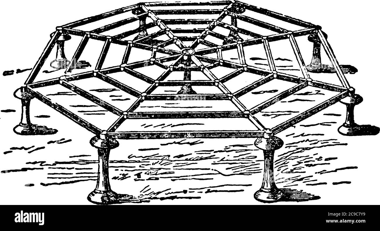 Young's Stack-Stool, un modo avanzato, pronto e più veloce per impilare il fieno su uno sgabello, piuttosto che quando impilato a terra, disegno di linee vintage o incisione Illustrazione Vettoriale