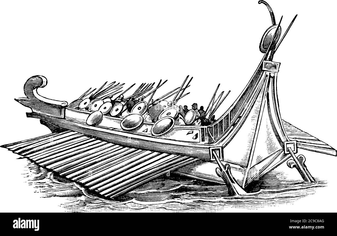 Una nave romana con soldati, disegno di linea d'epoca o illustrazione di incisione. Illustrazione Vettoriale